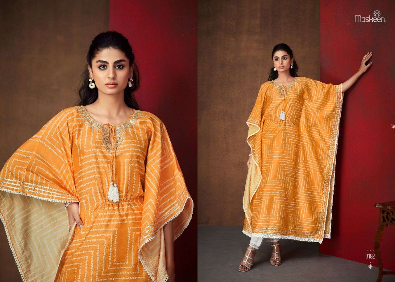 MAISHA PRESENT REHNUMA PURE SILK MIRROR WORK KAFTAN KURTI WITH PANT COLLECTION IN WHOLESALE PRICE IN SURAT - SAI DRESSES
