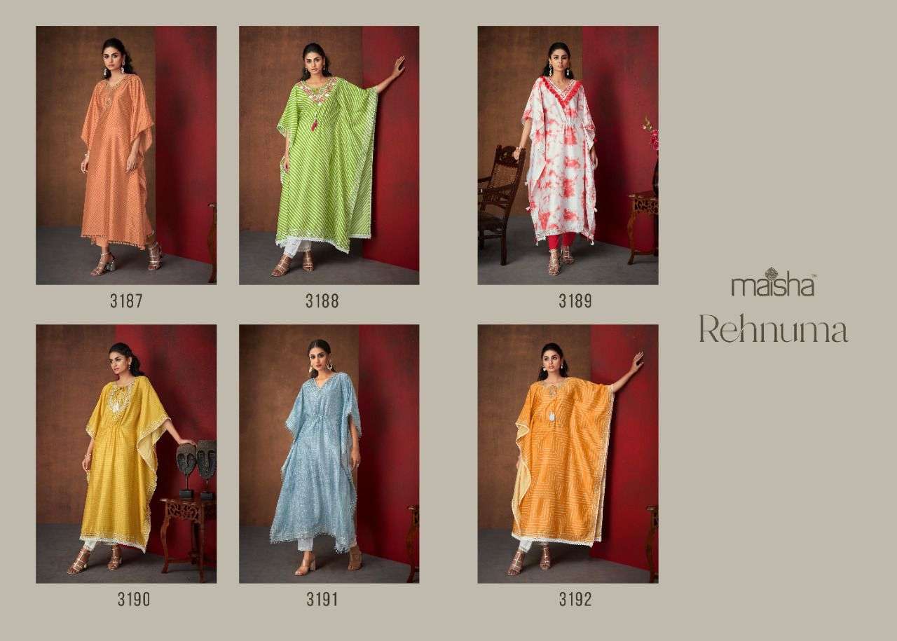MAISHA PRESENT REHNUMA PURE SILK MIRROR WORK KAFTAN KURTI WITH PANT COLLECTION IN WHOLESALE PRICE IN SURAT - SAI DRESSES