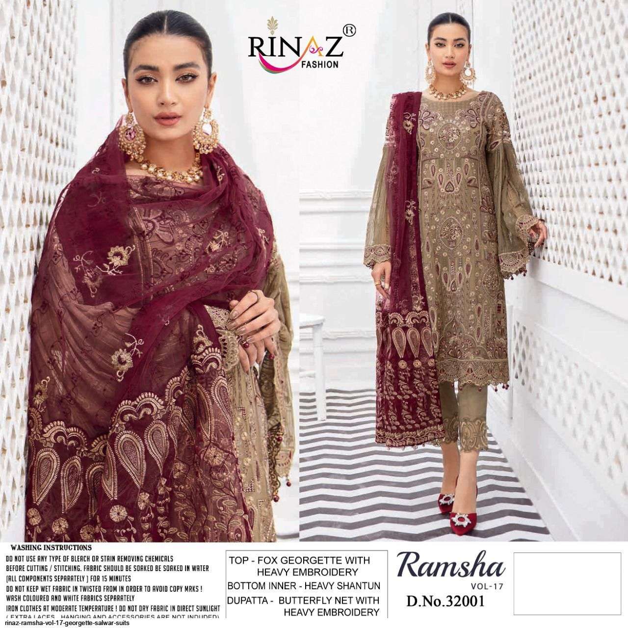 RINAZ FASHION PRESENT RAMSHA VOL- 17 GEORGETTE SEMI STITCHED PAKISTANI DESIGNER SUITS IN WHOLESALE PRICE IN SURAT - SAI DRESSES