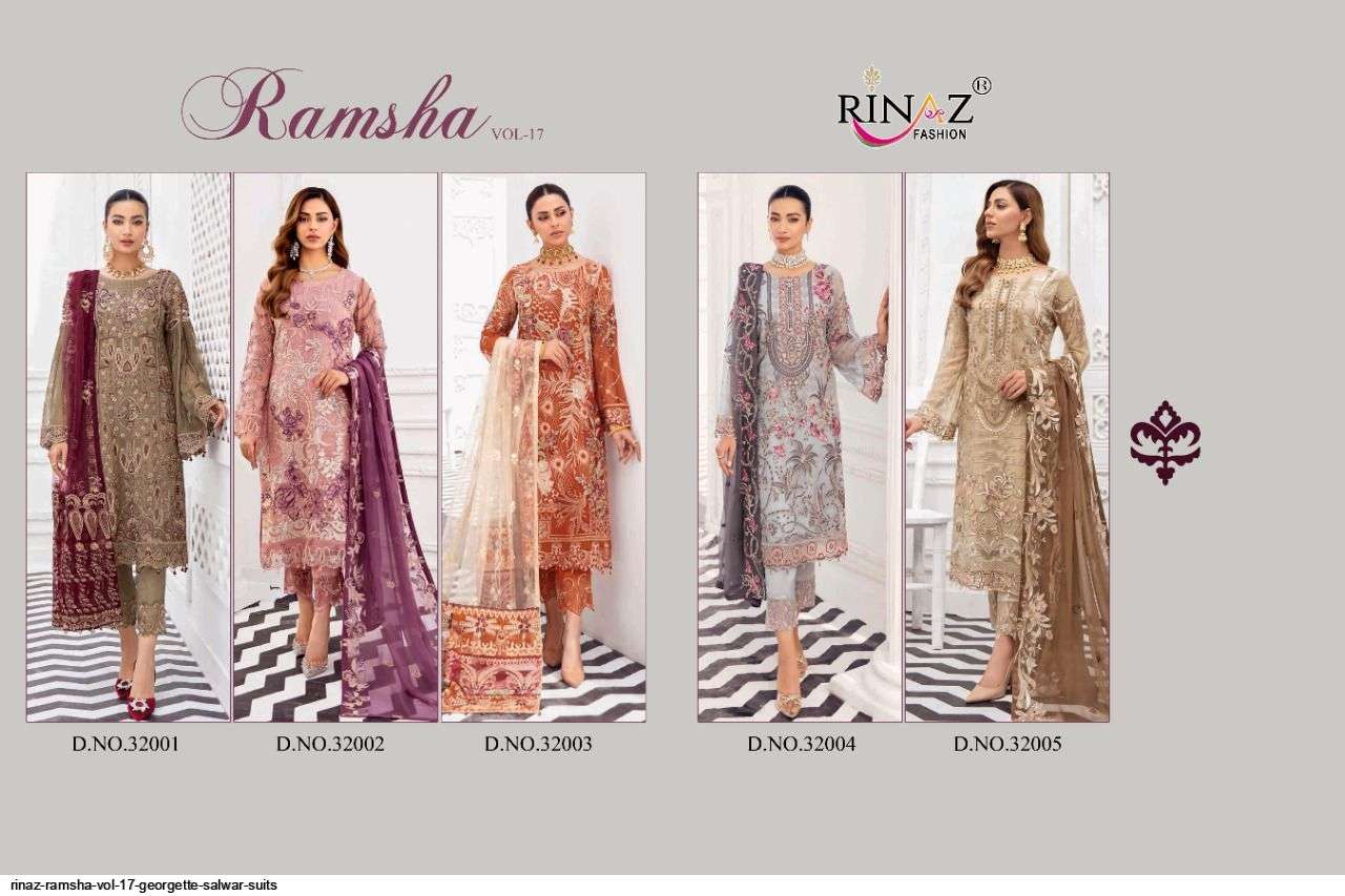 RINAZ FASHION PRESENT RAMSHA VOL- 17 GEORGETTE SEMI STITCHED PAKISTANI DESIGNER SUITS IN WHOLESALE PRICE IN SURAT - SAI DRESSES