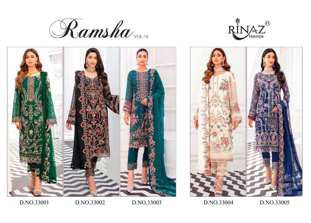 RINAZ FASHION PRESENT RAMSHA VOL- 18 SEMI STITCHED PAKISTANI DESIGNER SUITS IN WHOLESALE PRICE IN SURAT - SAI DRESSES