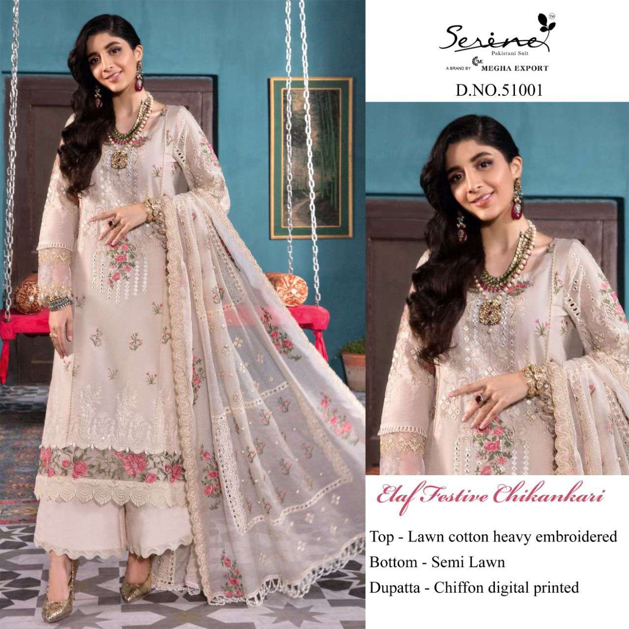 SERENE PRESENT ELAF FESTIVE CHIKANKARI LAWN EMBROIDERED PAKISTANI DESIGNER SUITS IN WHOLESALE PRICE IN SURAT - SAI DRESSES