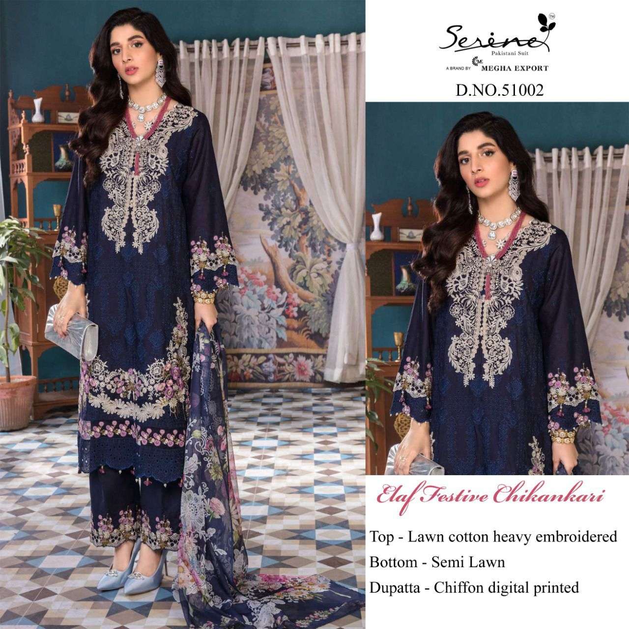 SERENE PRESENT ELAF FESTIVE CHIKANKARI LAWN EMBROIDERED PAKISTANI DESIGNER SUITS IN WHOLESALE PRICE IN SURAT - SAI DRESSES