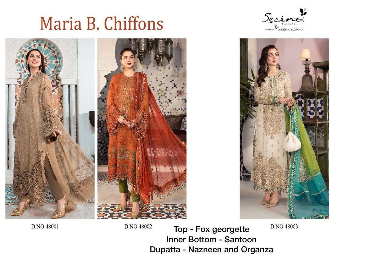 SERENE PRESENT MARIA B. CHIFFONS SEMI STITCHED GEORGETTE EMBROIDERED PAKISTANI SUITS IN WHOLESALE PRICE IN SURAT - SAI DRESSES