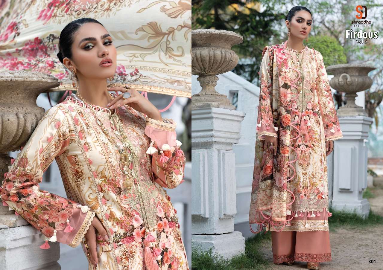 SHRADDHA DESIGNER PRESENT FIRDOUS VOL 3 LAWN COTTON PAKISTANI DESIGNER SUITS IN WHOLESALE PRICE IN SURAT - SAI DRESSES