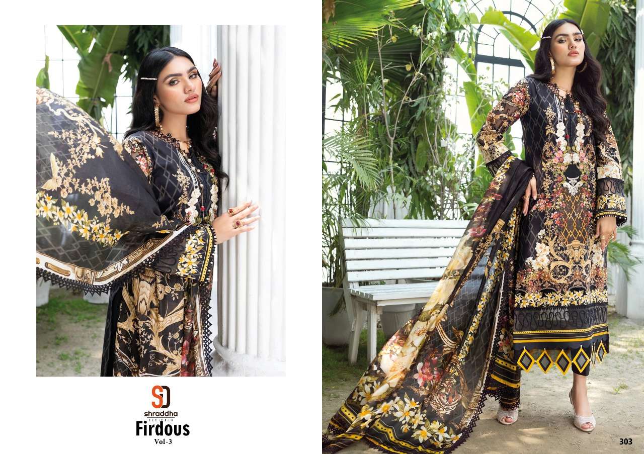 SHRADDHA DESIGNER PRESENT FIRDOUS VOL 3 LAWN COTTON PAKISTANI DESIGNER SUITS IN WHOLESALE PRICE IN SURAT - SAI DRESSES