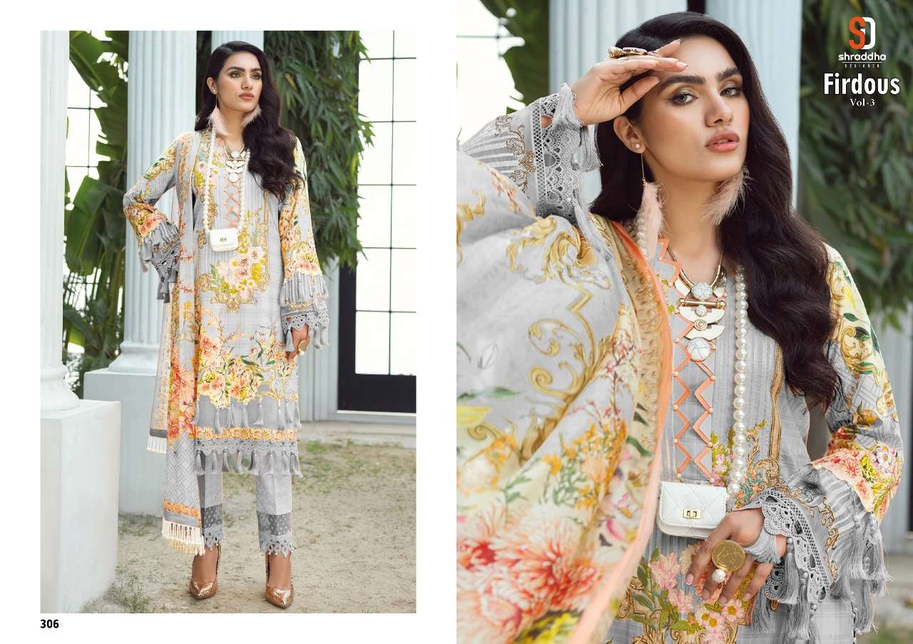 SHRADDHA DESIGNER PRESENT FIRDOUS VOL 3 LAWN COTTON PAKISTANI DESIGNER SUITS IN WHOLESALE PRICE IN SURAT - SAI DRESSES