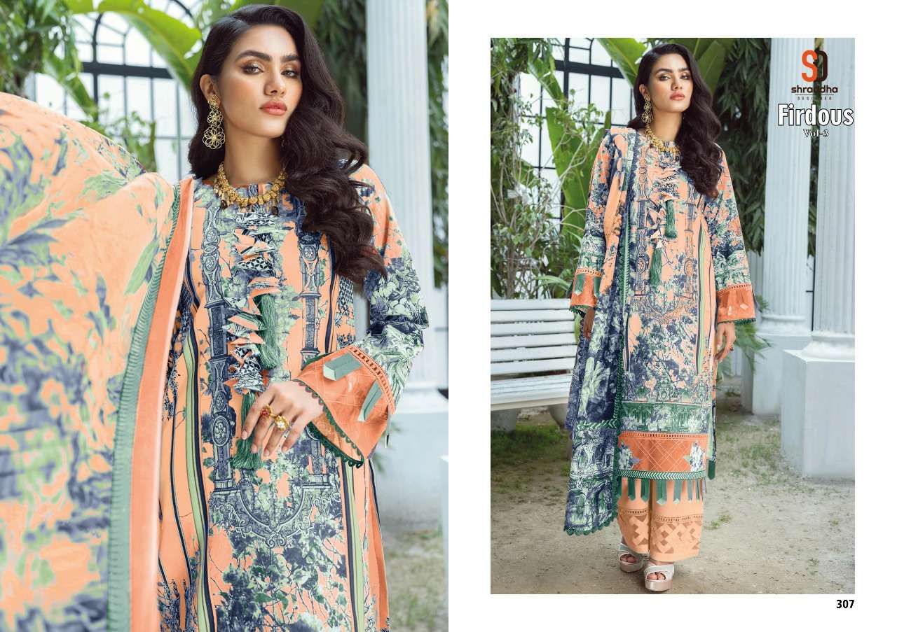 SHRADDHA DESIGNER PRESENT FIRDOUS VOL 3 LAWN COTTON PAKISTANI DESIGNER SUITS IN WHOLESALE PRICE IN SURAT - SAI DRESSES