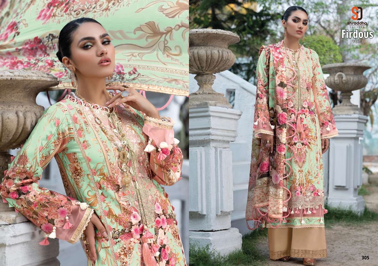 SHRADDHA DESIGNER PRESENT FIRDOUS VOL 3 LAWN COTTON PAKISTANI DESIGNER SUITS IN WHOLESALE PRICE IN SURAT - SAI DRESSES