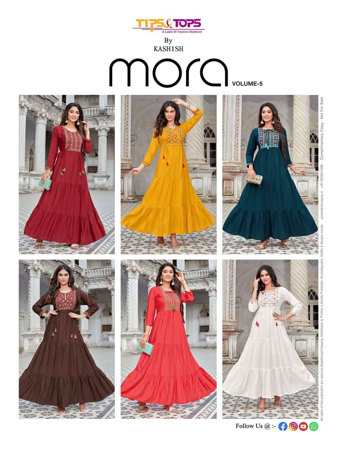TIPS & TOPS PRESENT MORA VOL 5 FANCY GOWN STYLE LONG KURTIS IN WHOLESALE PRICE IN SURAT - SAI DRESSES