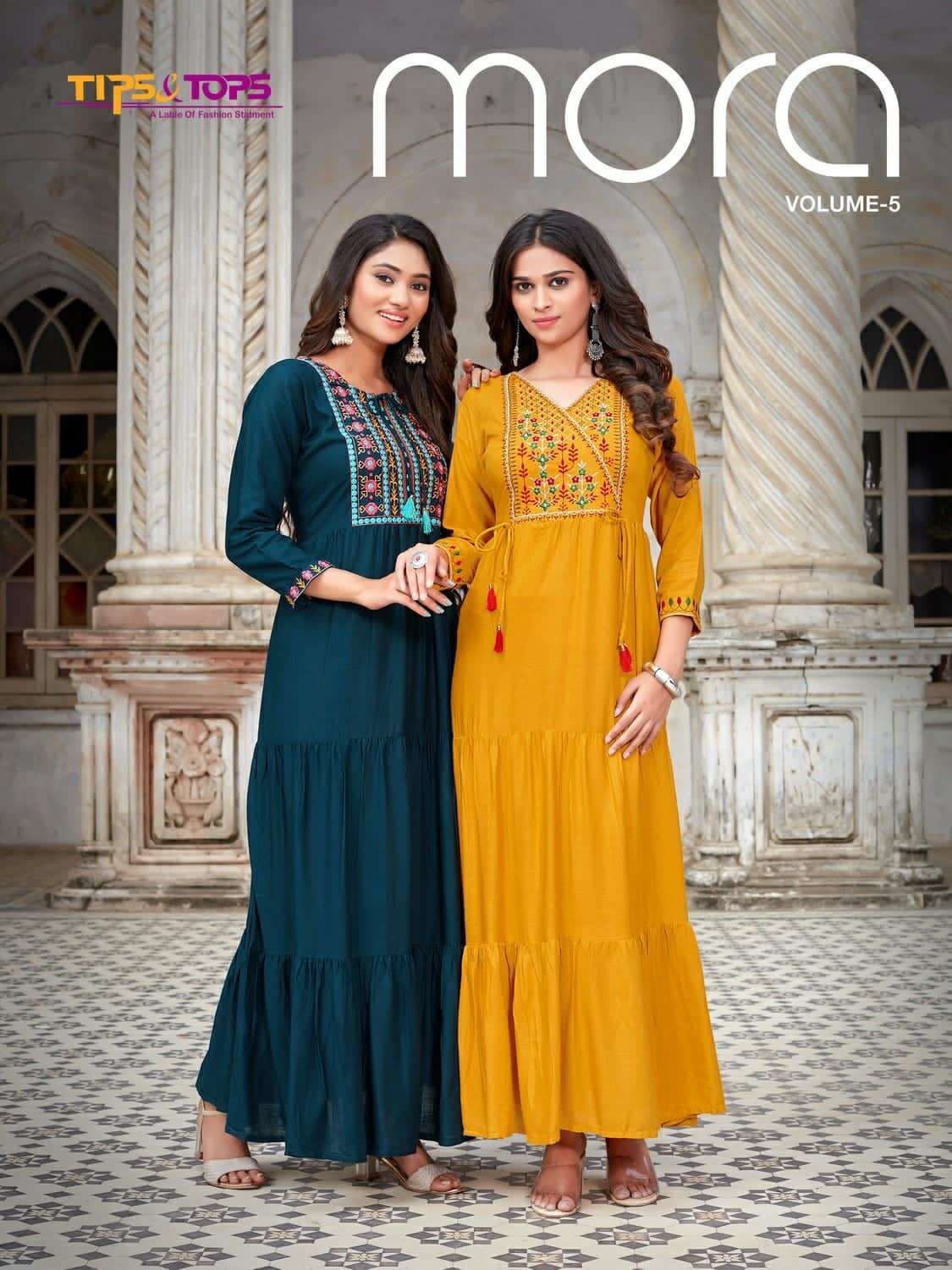 TIPS & TOPS PRESENT MORA VOL 5 FANCY GOWN STYLE LONG KURTIS IN WHOLESALE PRICE IN SURAT - SAI DRESSES