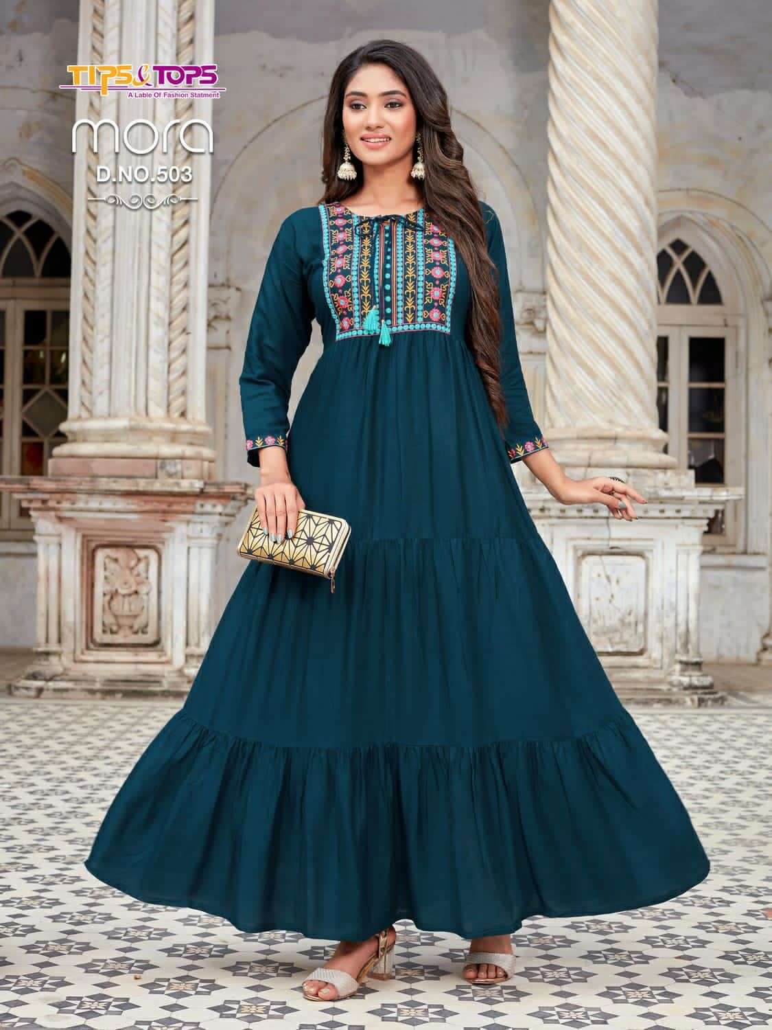 Tips & Tops Cindrella Georgette Embroidered Long Fancy Gown Style Kurtis  Wholesaler Surat
