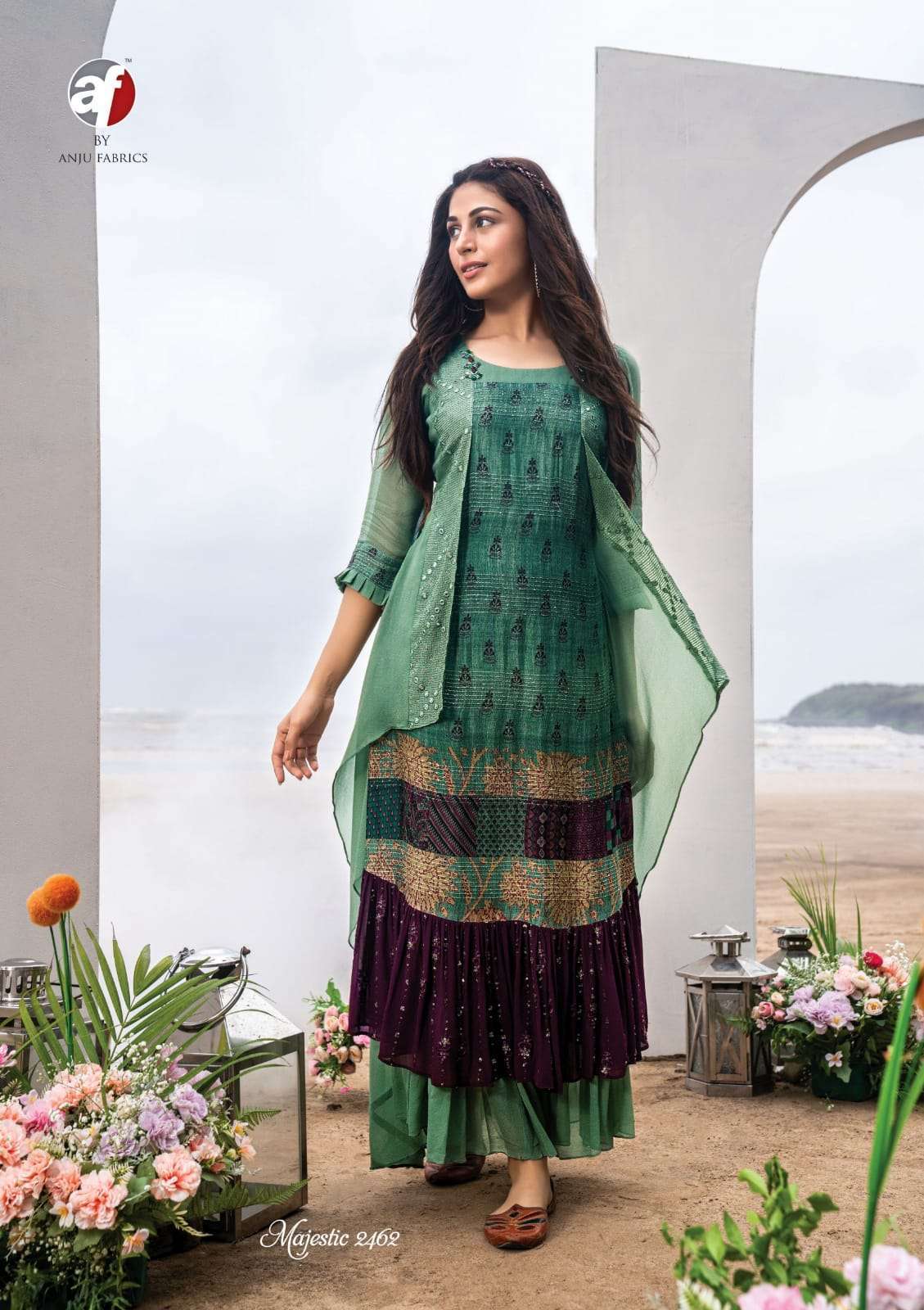  ANJU FABRIC PRESENT MAJESTIC PARTYWEAR DESIGNER GOWN STYLE LONG KURTI COLLECTION IN WHOLESALE PRICE IN SURAT - SAI DRESSES