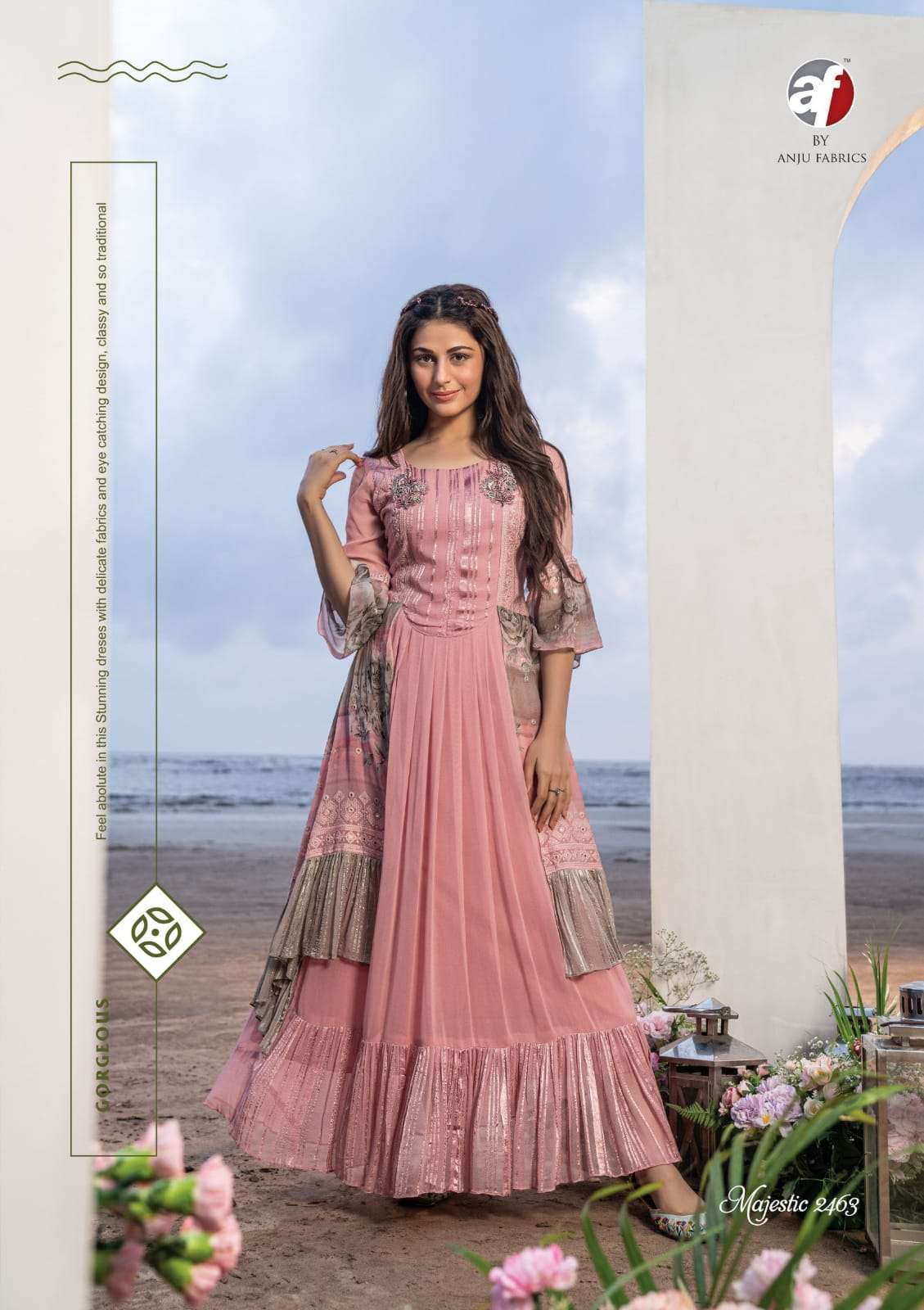  ANJU FABRIC PRESENT MAJESTIC PARTYWEAR DESIGNER GOWN STYLE LONG KURTI COLLECTION IN WHOLESALE PRICE IN SURAT - SAI DRESSES