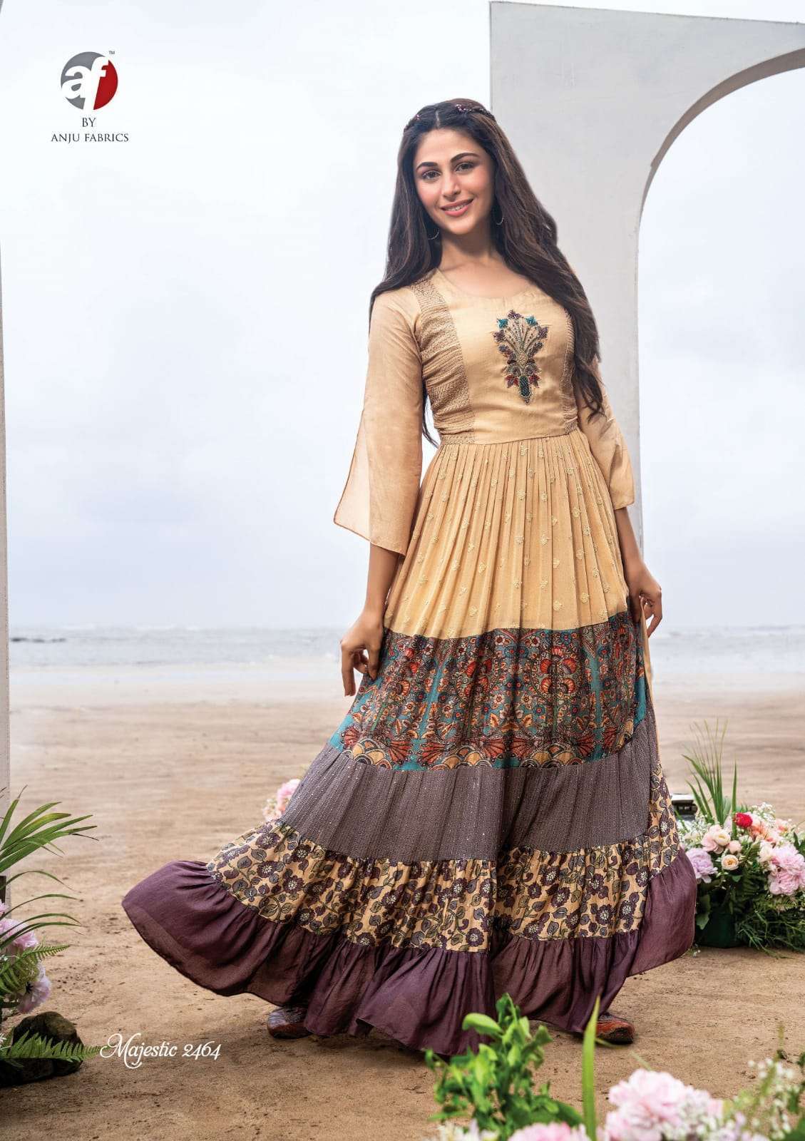  ANJU FABRIC PRESENT MAJESTIC PARTYWEAR DESIGNER GOWN STYLE LONG KURTI COLLECTION IN WHOLESALE PRICE IN SURAT - SAI DRESSES