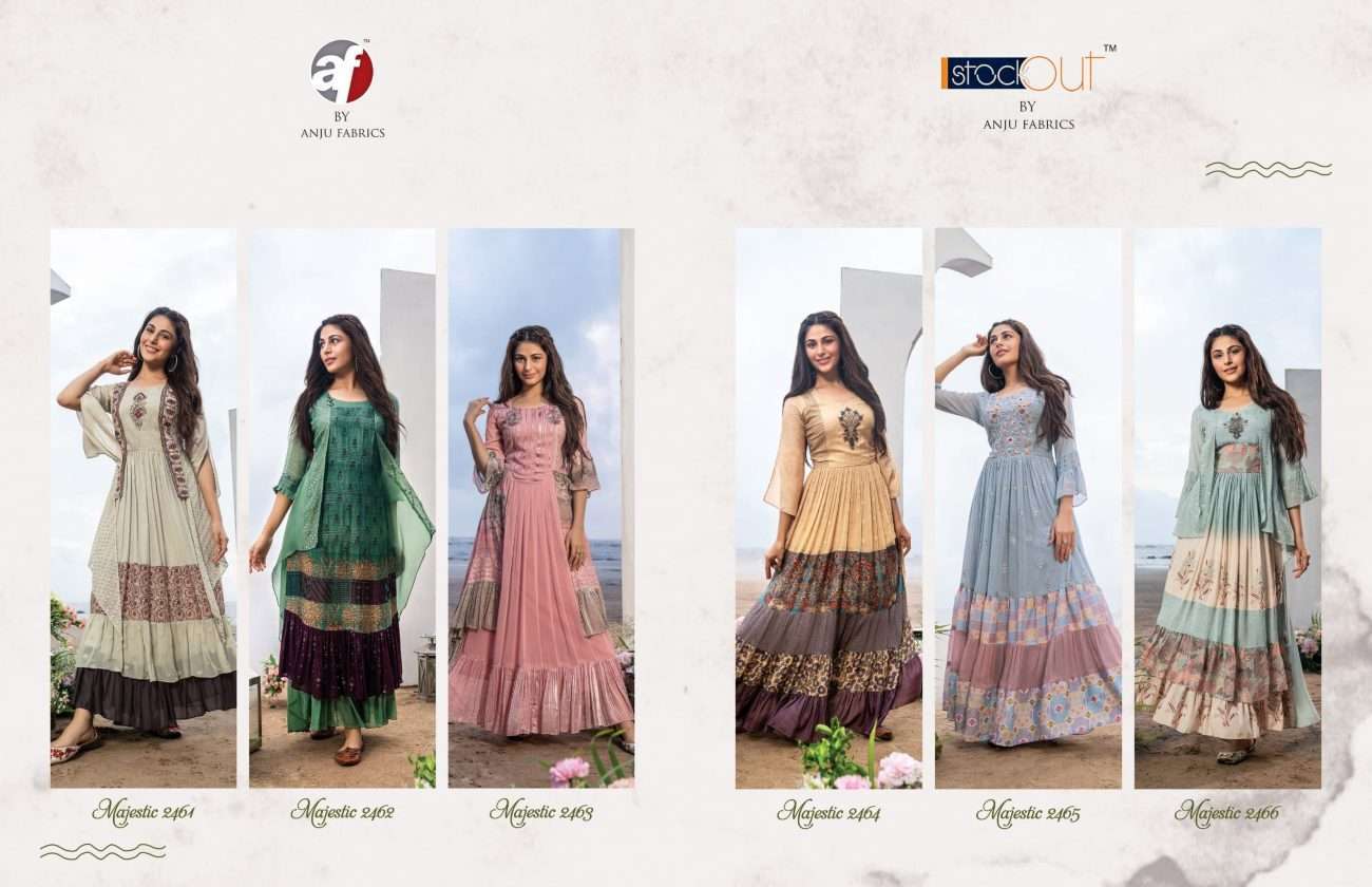  ANJU FABRIC PRESENT MAJESTIC PARTYWEAR DESIGNER GOWN STYLE LONG KURTI COLLECTION IN WHOLESALE PRICE IN SURAT - SAI DRESSES