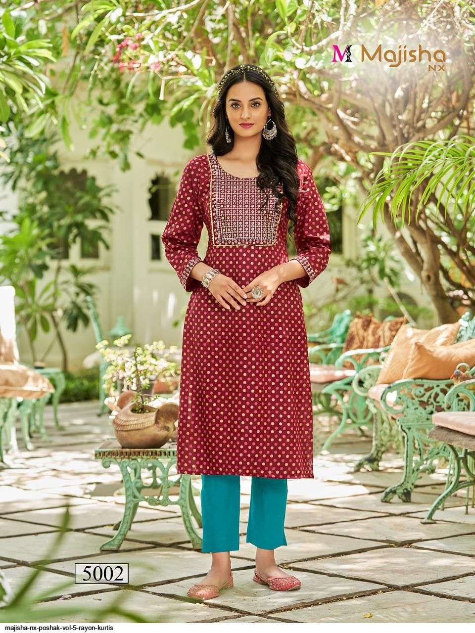 MAJISHA NX PRESENT POSHAK VOL 5 RAYON WITH FOIL PRINTED DESIGNER KURTIS IN WHOLESALE PRICE IN SURAT - SAI DRESSES