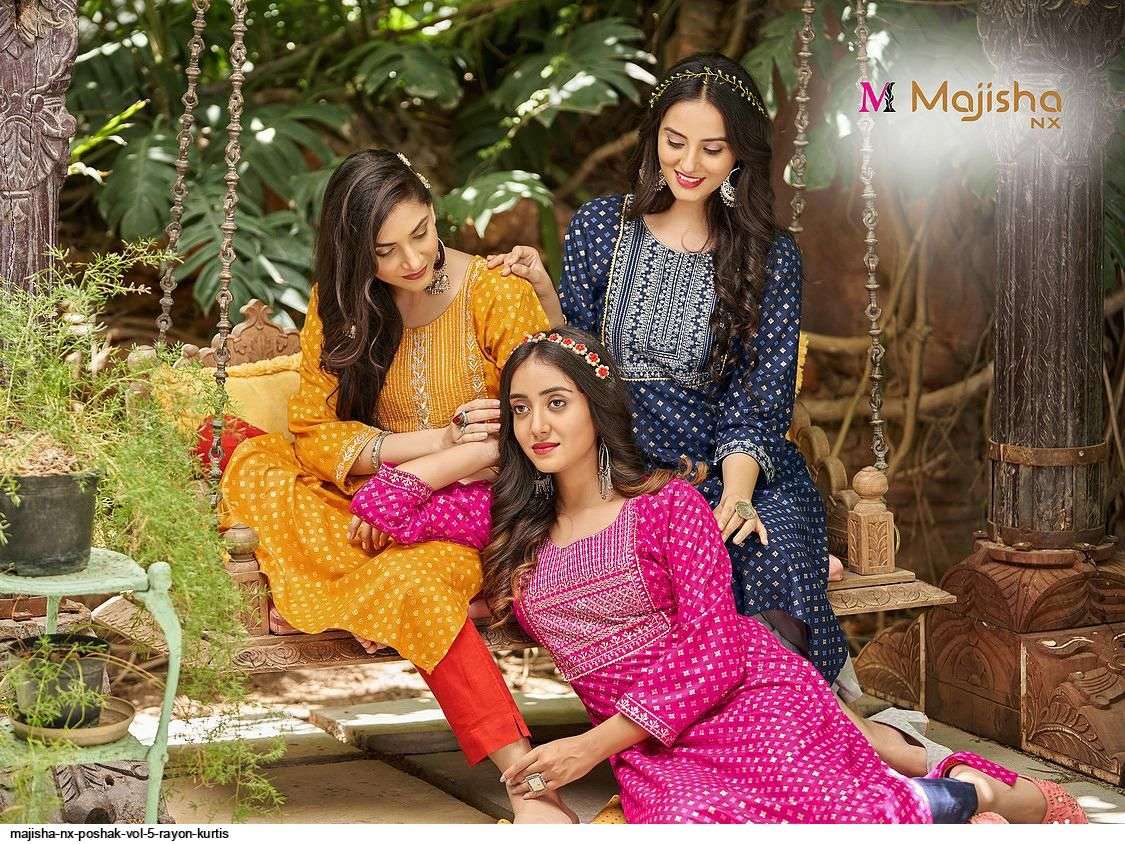 MAJISHA NX PRESENT POSHAK VOL 5 RAYON WITH FOIL PRINTED DESIGNER KURTIS IN WHOLESALE PRICE IN SURAT - SAI DRESSES