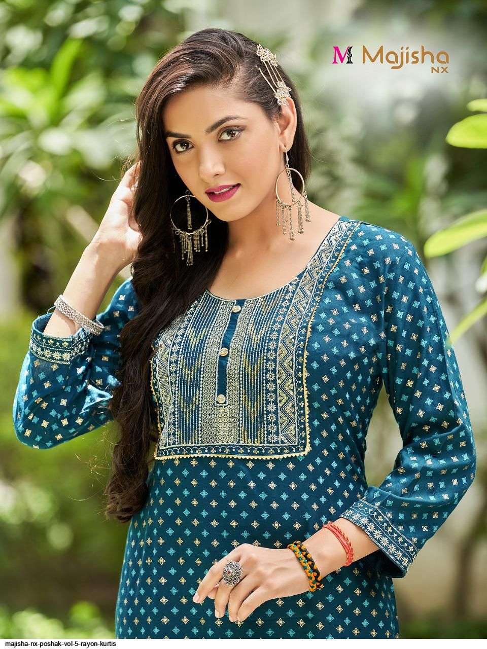 MAJISHA NX PRESENT POSHAK VOL 5 RAYON WITH FOIL PRINTED DESIGNER KURTIS IN WHOLESALE PRICE IN SURAT - SAI DRESSES