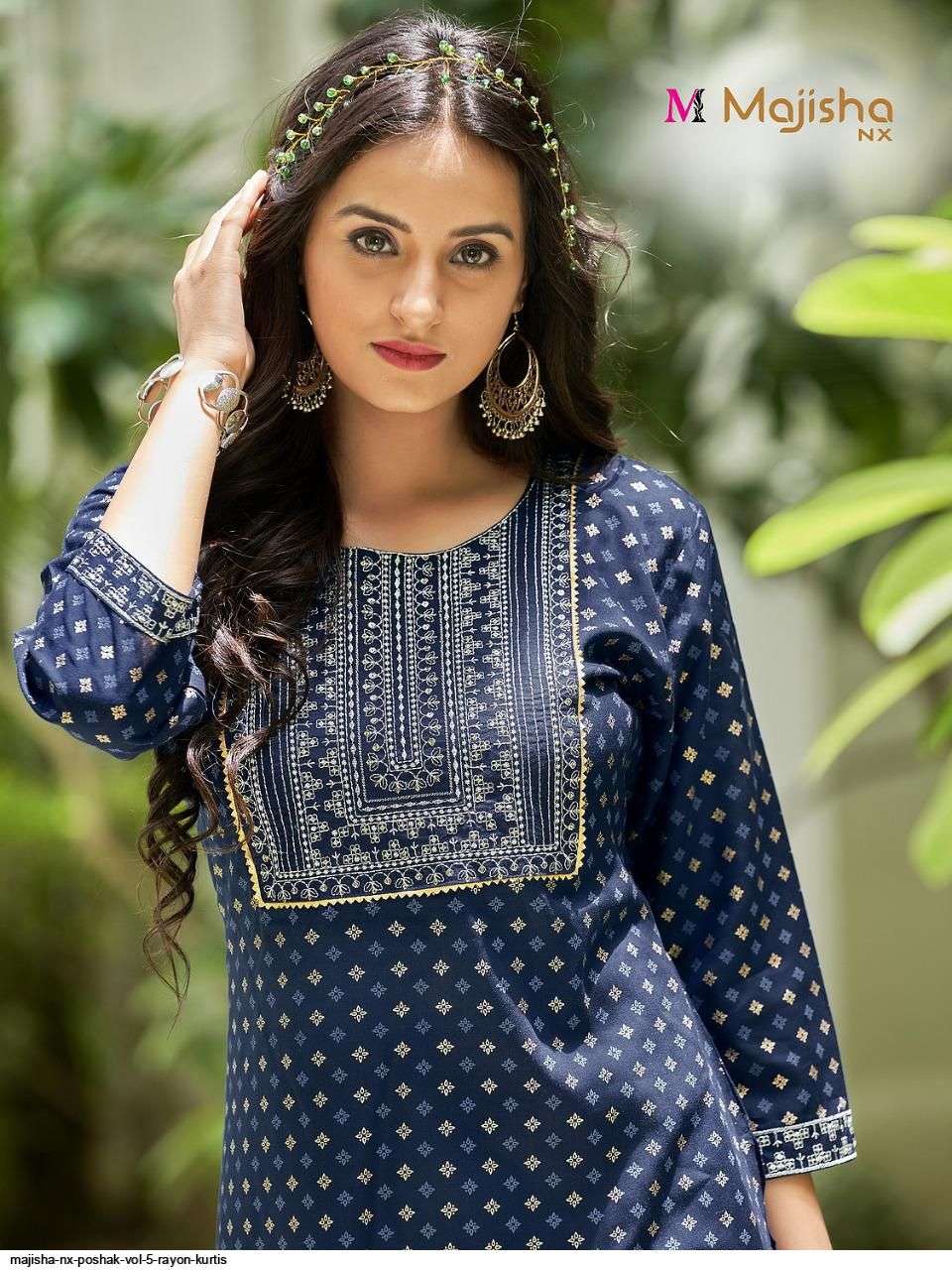 MAJISHA NX PRESENT POSHAK VOL 5 RAYON WITH FOIL PRINTED DESIGNER KURTIS IN WHOLESALE PRICE IN SURAT - SAI DRESSES