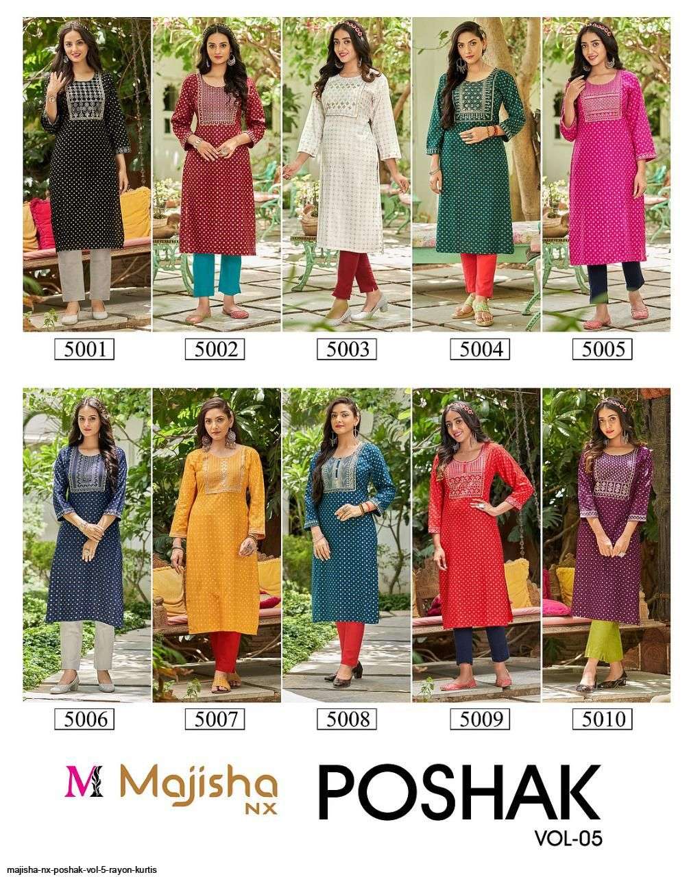 MAJISHA NX PRESENT POSHAK VOL 5 RAYON WITH FOIL PRINTED DESIGNER KURTIS IN WHOLESALE PRICE IN SURAT - SAI DRESSES