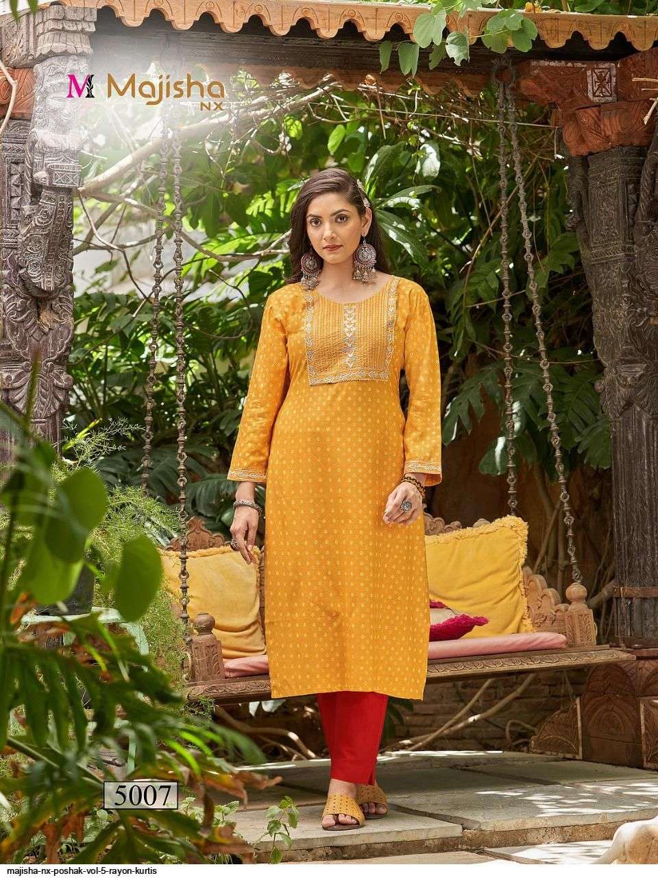 MAJISHA NX PRESENT POSHAK VOL 5 RAYON WITH FOIL PRINTED DESIGNER KURTIS IN WHOLESALE PRICE IN SURAT - SAI DRESSES