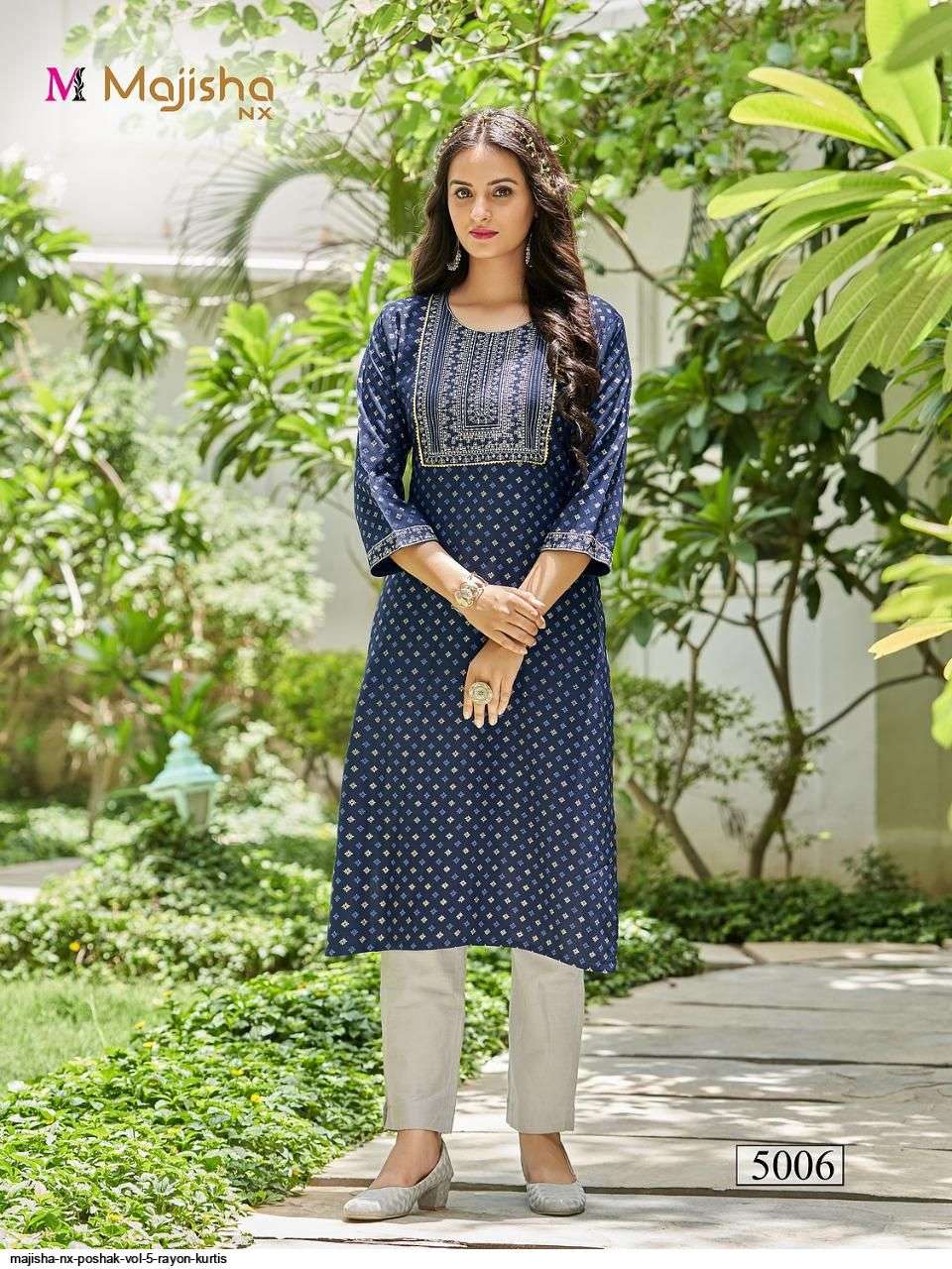 MAJISHA NX PRESENT POSHAK VOL 5 RAYON WITH FOIL PRINTED DESIGNER KURTIS IN WHOLESALE PRICE IN SURAT - SAI DRESSES