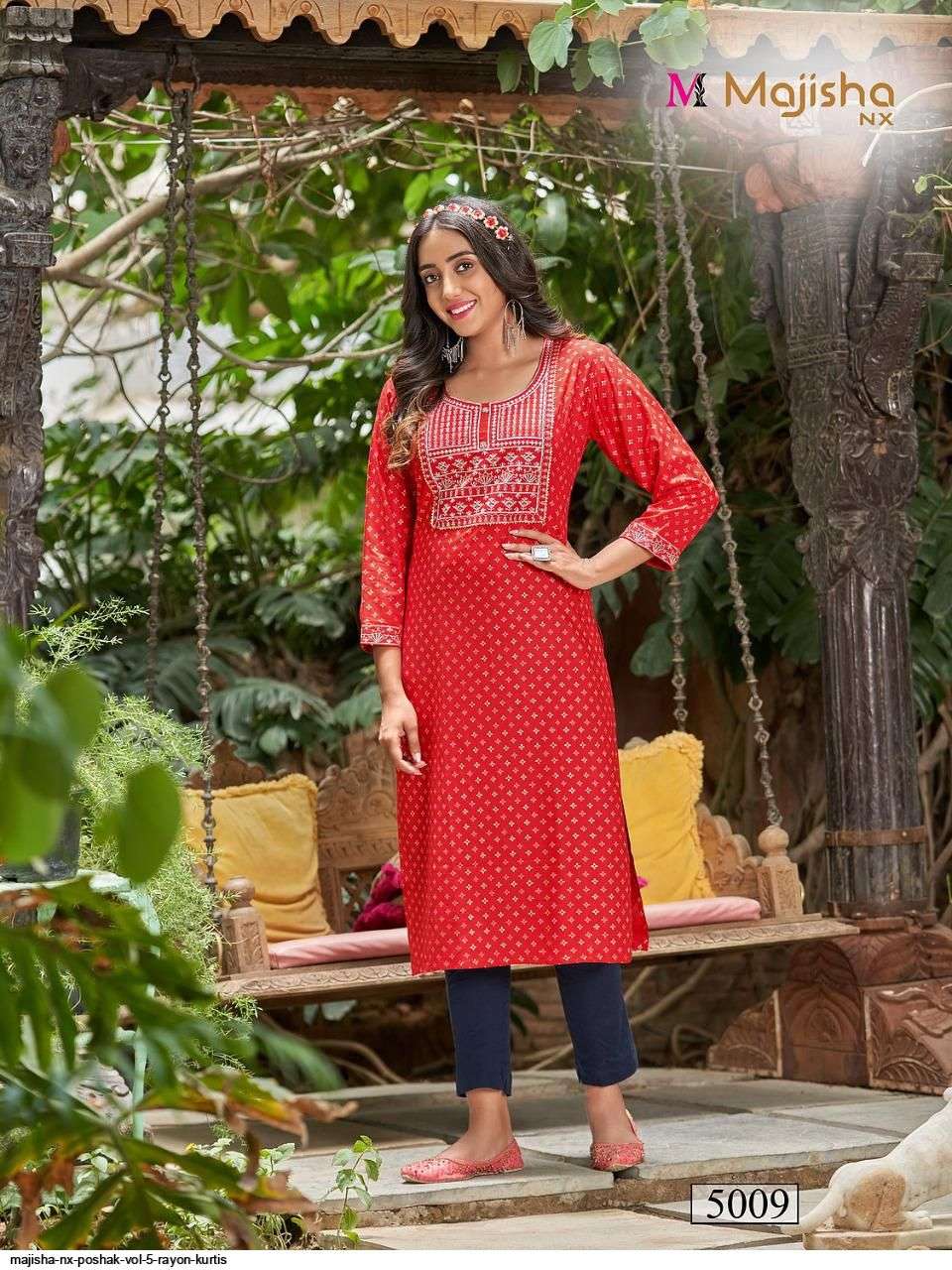 MAJISHA NX PRESENT POSHAK VOL 5 RAYON WITH FOIL PRINTED DESIGNER KURTIS IN WHOLESALE PRICE IN SURAT - SAI DRESSES