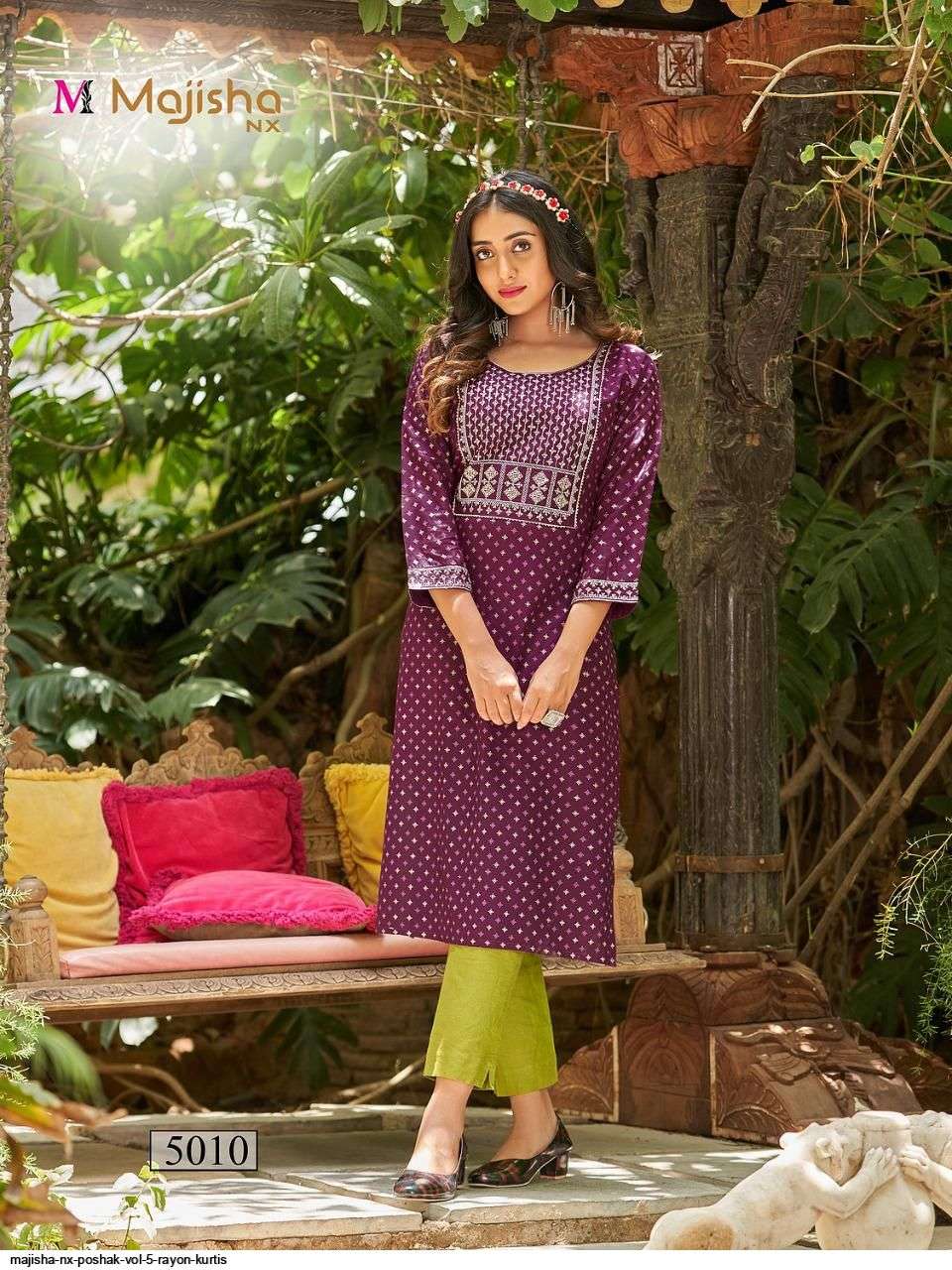 MAJISHA NX PRESENT POSHAK VOL 5 RAYON WITH FOIL PRINTED DESIGNER KURTIS IN WHOLESALE PRICE IN SURAT - SAI DRESSES