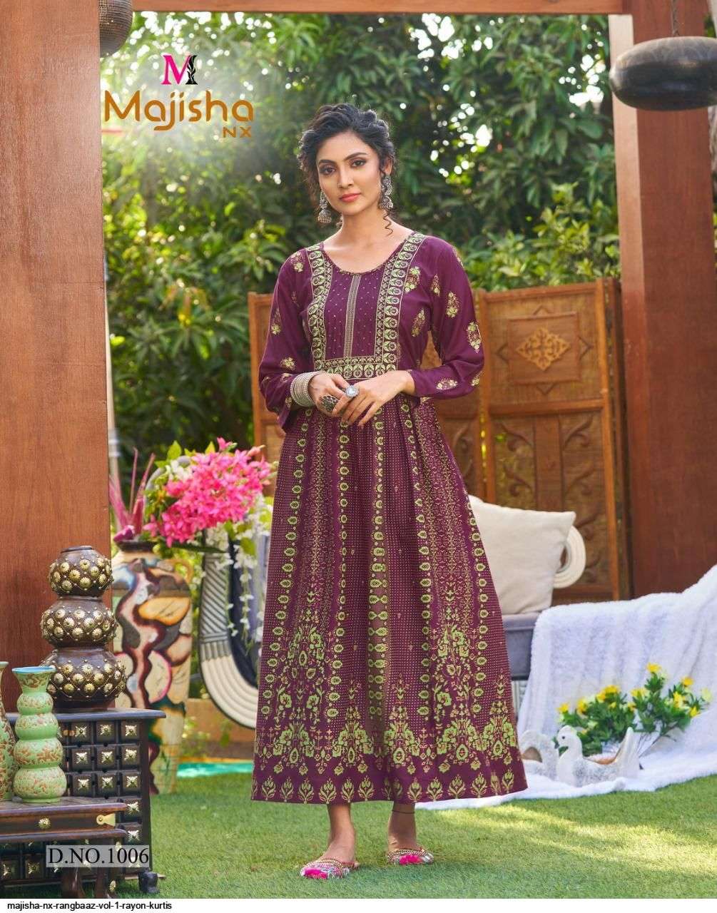 MAJISHA NX PRESENT RANGBAAZ RAYON WITH FOIL PRINTED DESIGNER LONG KURTI IN WHOLESALE PRICE IN SURAT - SAI DRESSES