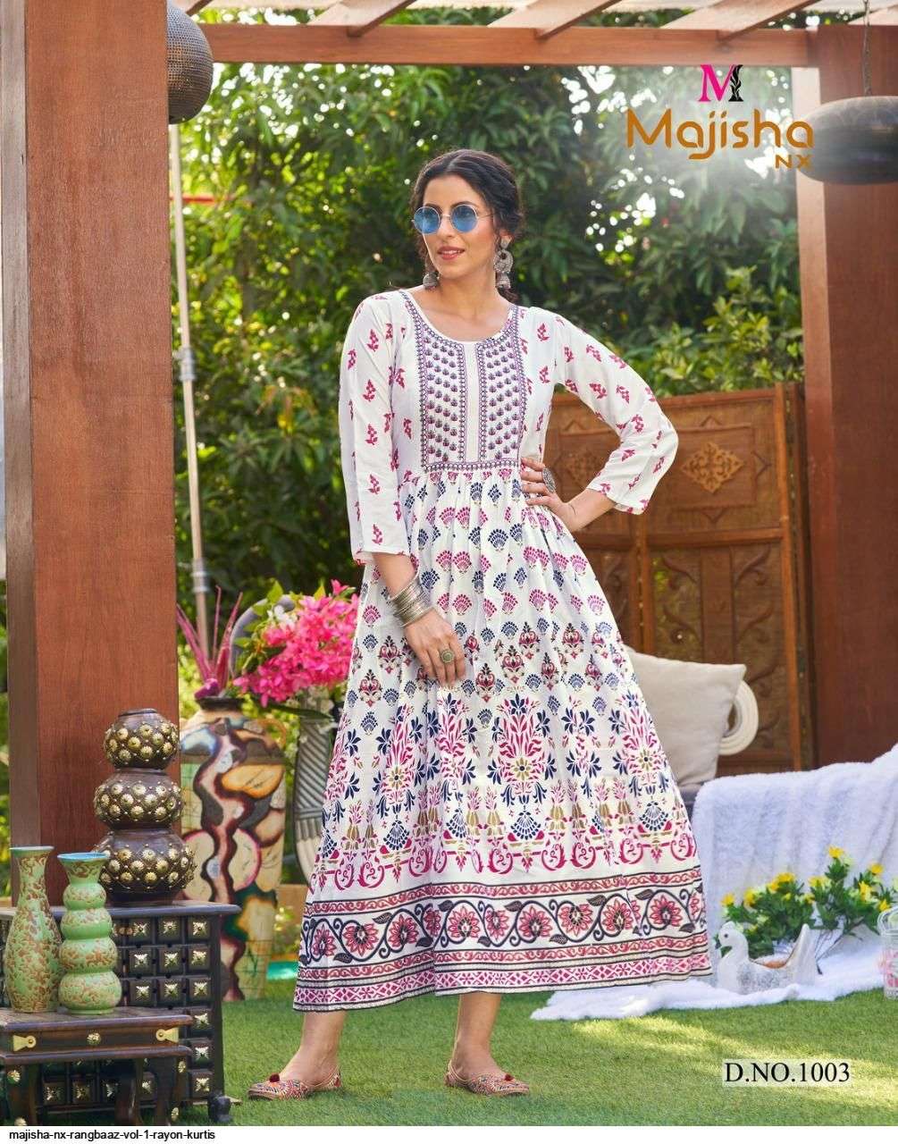 MAJISHA NX PRESENT RANGBAAZ RAYON WITH FOIL PRINTED DESIGNER LONG KURTI IN WHOLESALE PRICE IN SURAT - SAI DRESSES