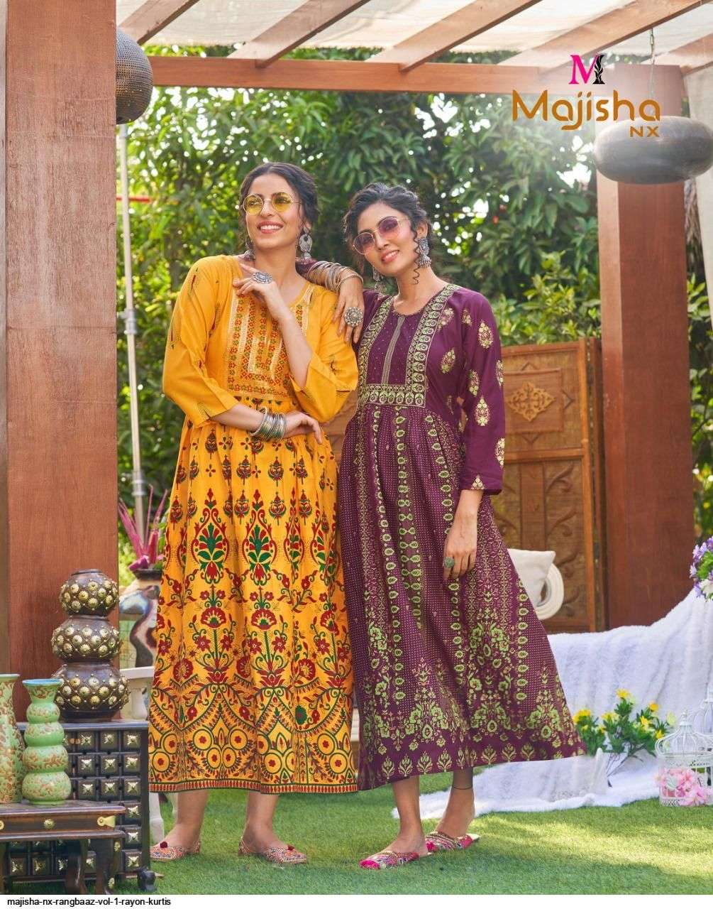 MAJISHA NX PRESENT RANGBAAZ RAYON WITH FOIL PRINTED DESIGNER LONG KURTI IN WHOLESALE PRICE IN SURAT - SAI DRESSES