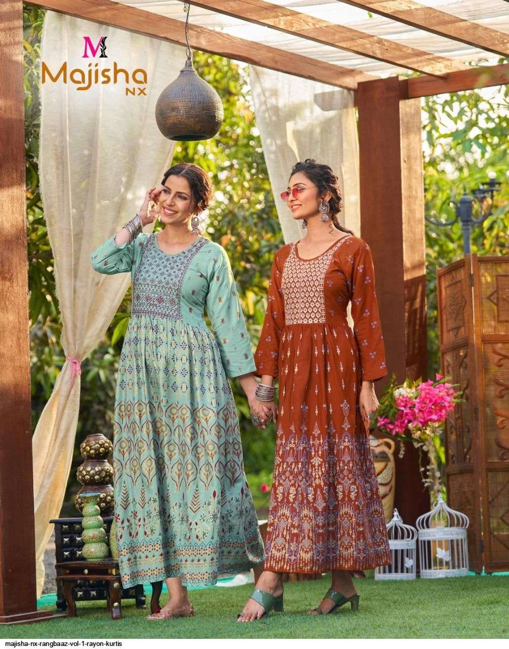 MAJISHA NX PRESENT RANGBAAZ RAYON WITH FOIL PRINTED DESIGNER LONG KURTI IN WHOLESALE PRICE IN SURAT - SAI DRESSES