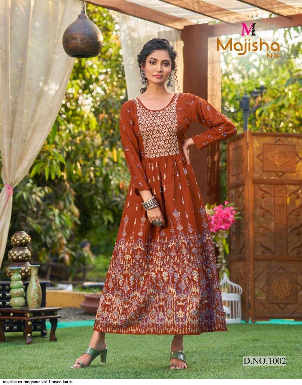 MAJISHA NX PRESENT RANGBAAZ RAYON WITH FOIL PRINTED DESIGNER LONG KURTI IN WHOLESALE PRICE IN SURAT - SAI DRESSES