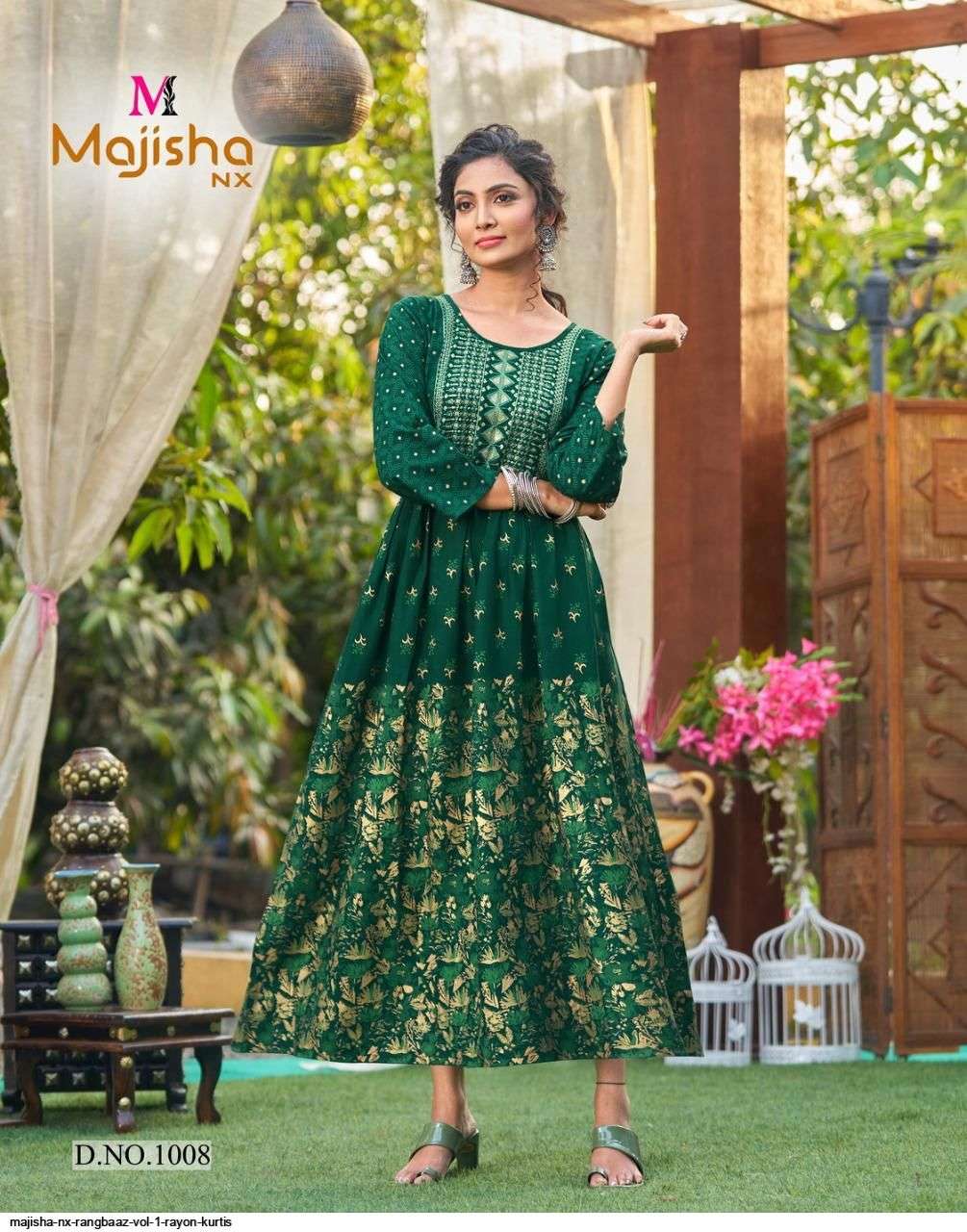 MAJISHA NX PRESENT RANGBAAZ RAYON WITH FOIL PRINTED DESIGNER LONG KURTI IN WHOLESALE PRICE IN SURAT - SAI DRESSES