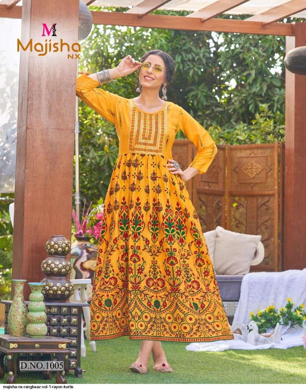 MAJISHA NX PRESENT RANGBAAZ RAYON WITH FOIL PRINTED DESIGNER LONG KURTI IN WHOLESALE PRICE IN SURAT - SAI DRESSES