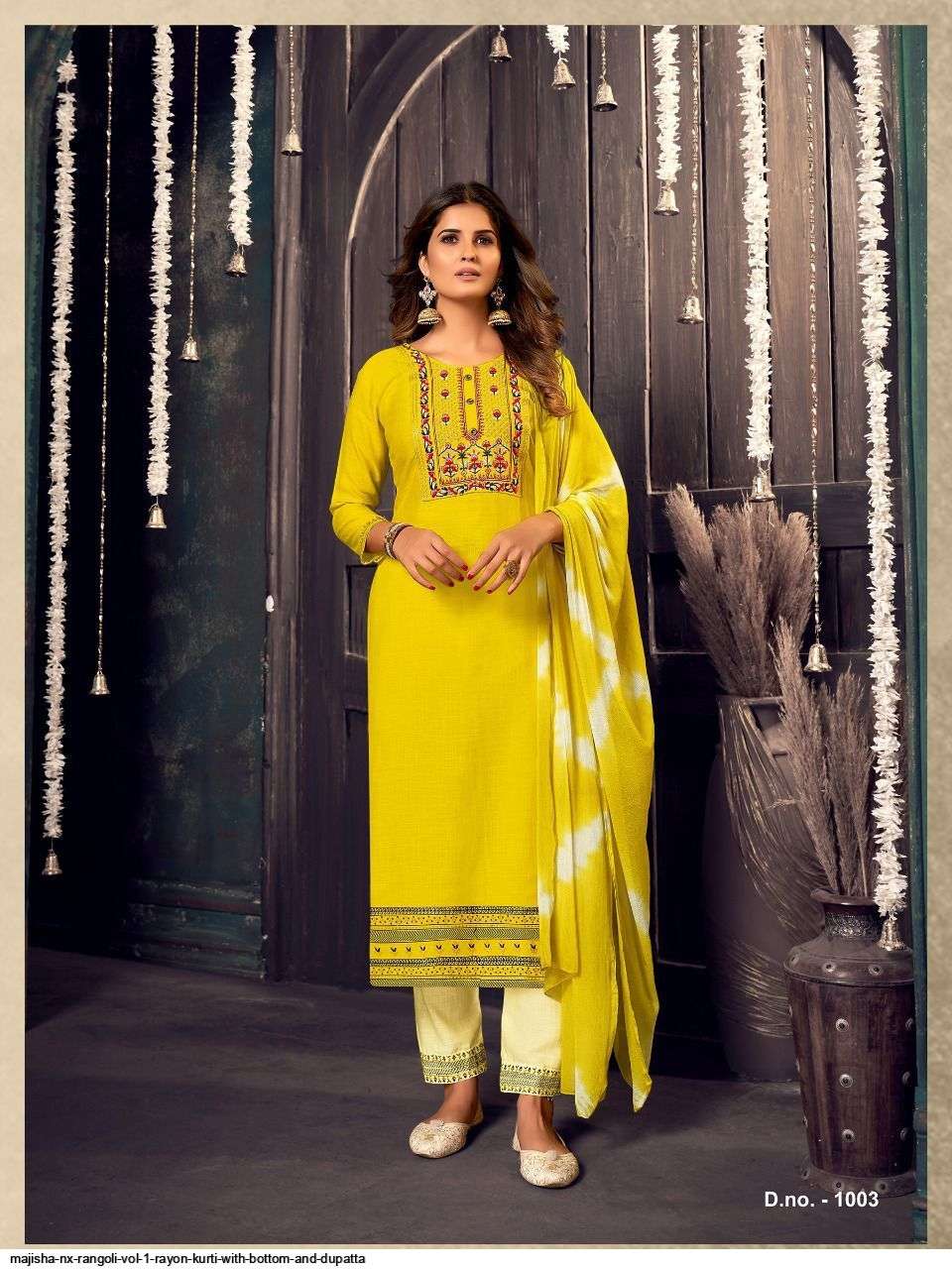 MAJISHA NX PRESENT RANGOLI VOL 1 RAYON DESIGNER KURTI PANT WITH DUPATTA IN WHOLESALE PRICE IN SURAT - SAI DRESSES