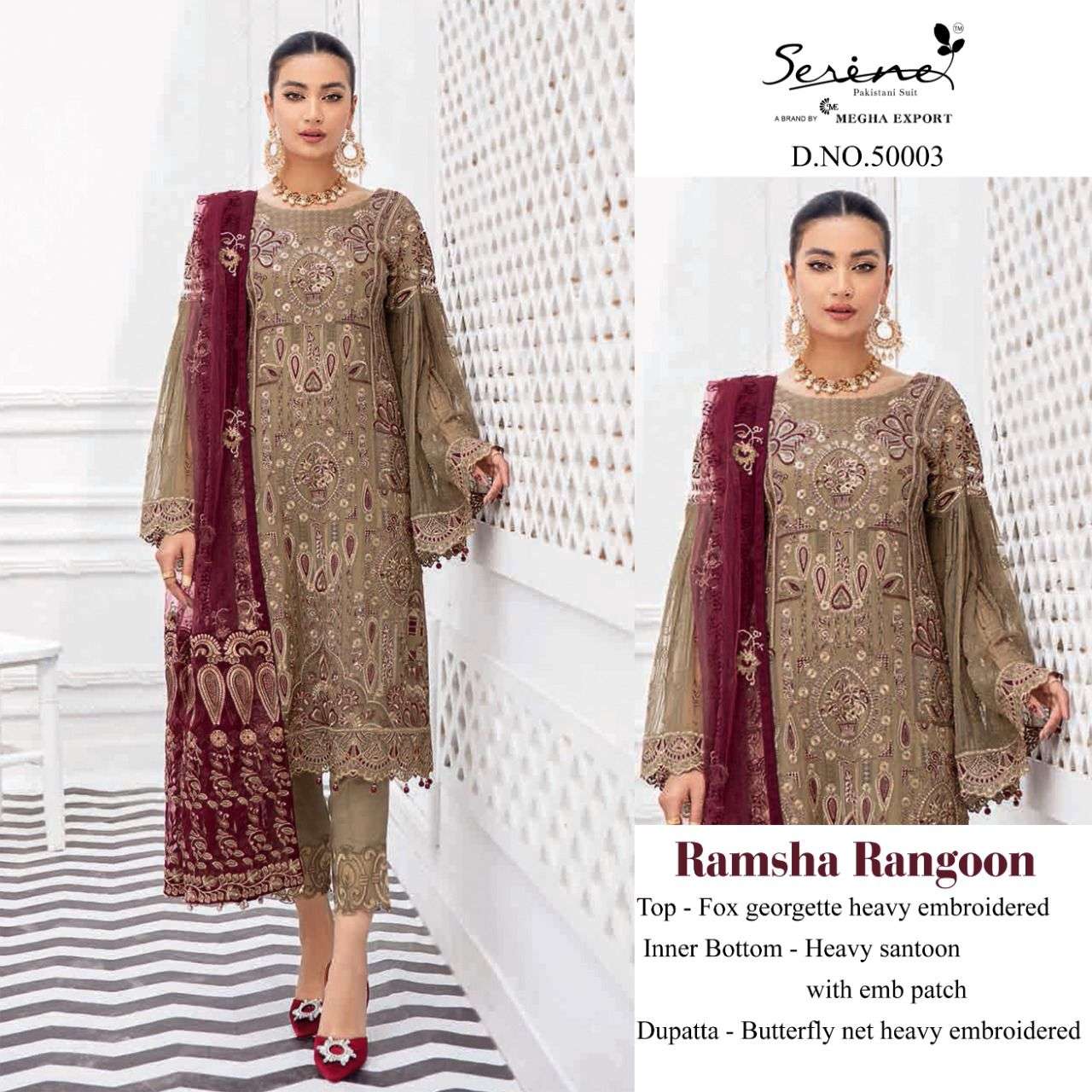 SERENE PRESENT RAMSHA RANGOON SEMI STITCHED EMBROIDERED PAKISTANI DESIGNER SUITS IN WHOLESALE PRICE IN SURAT - SAI DRESSES