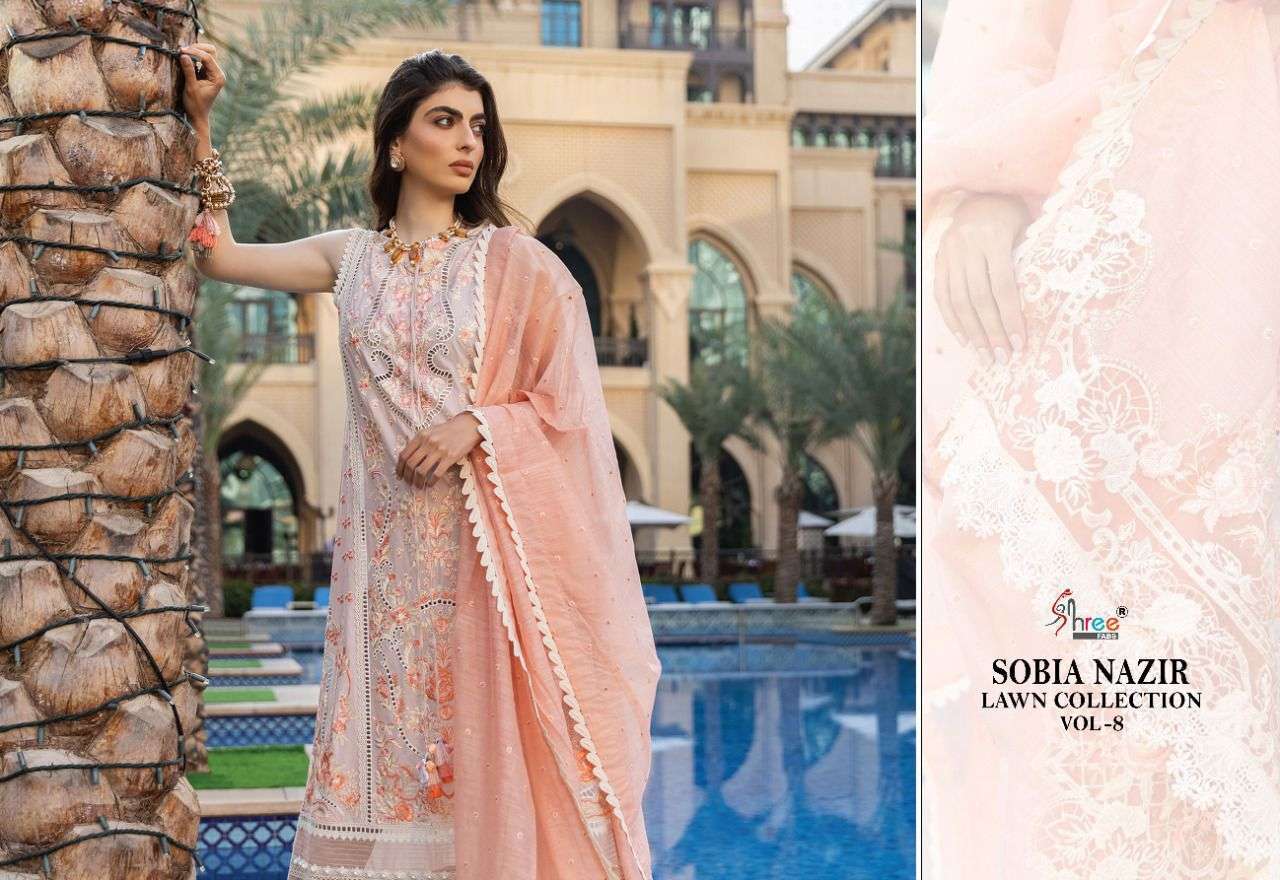 SHREE FABS PRESENT SOBIA NAZIR LAWN COLLECTION VOL 8 PAKISTANI DESIGNER SUITS IN WHOLESALE PRICE IN SURAT - SAI DRESSES