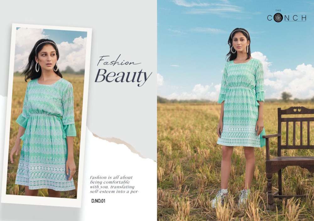 THE CONCH PRESENT COLOR PLUS VOL 1 GEORGETTE WITH SHIFALI WORK EXCLUSIVE TUNIC TOPS IN WHOLESALE PRICE IN SURAT - SAI DRESSES