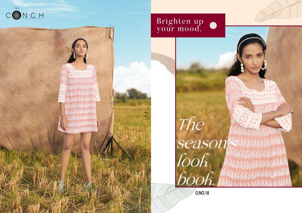THE CONCH PRESENT COLOR PLUS VOL 2 GEORGETTE WITH SHIFALI WORK EXCLUSIVE TUNIC TOPS IN WHOLESALE PRICE IN SURAT - SAI DRESSES