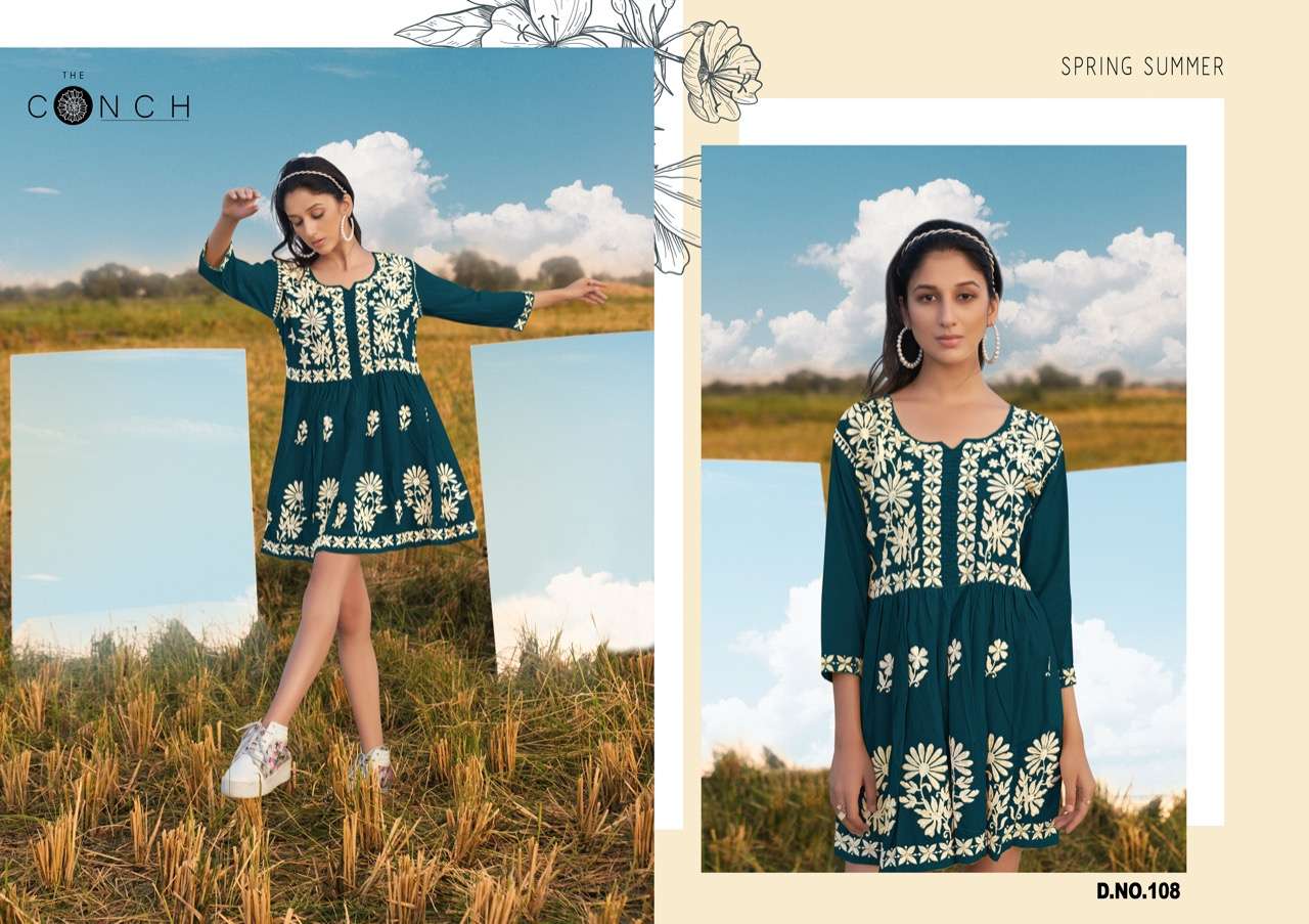 THE CONCH PRESENT COLOR PLUS VOL 3 RAYON WITH COTTON WORK EXCLUSIVE TUNIC TOPS IN WHOLESALE PRICE IN SURAT - SAI DRESSES