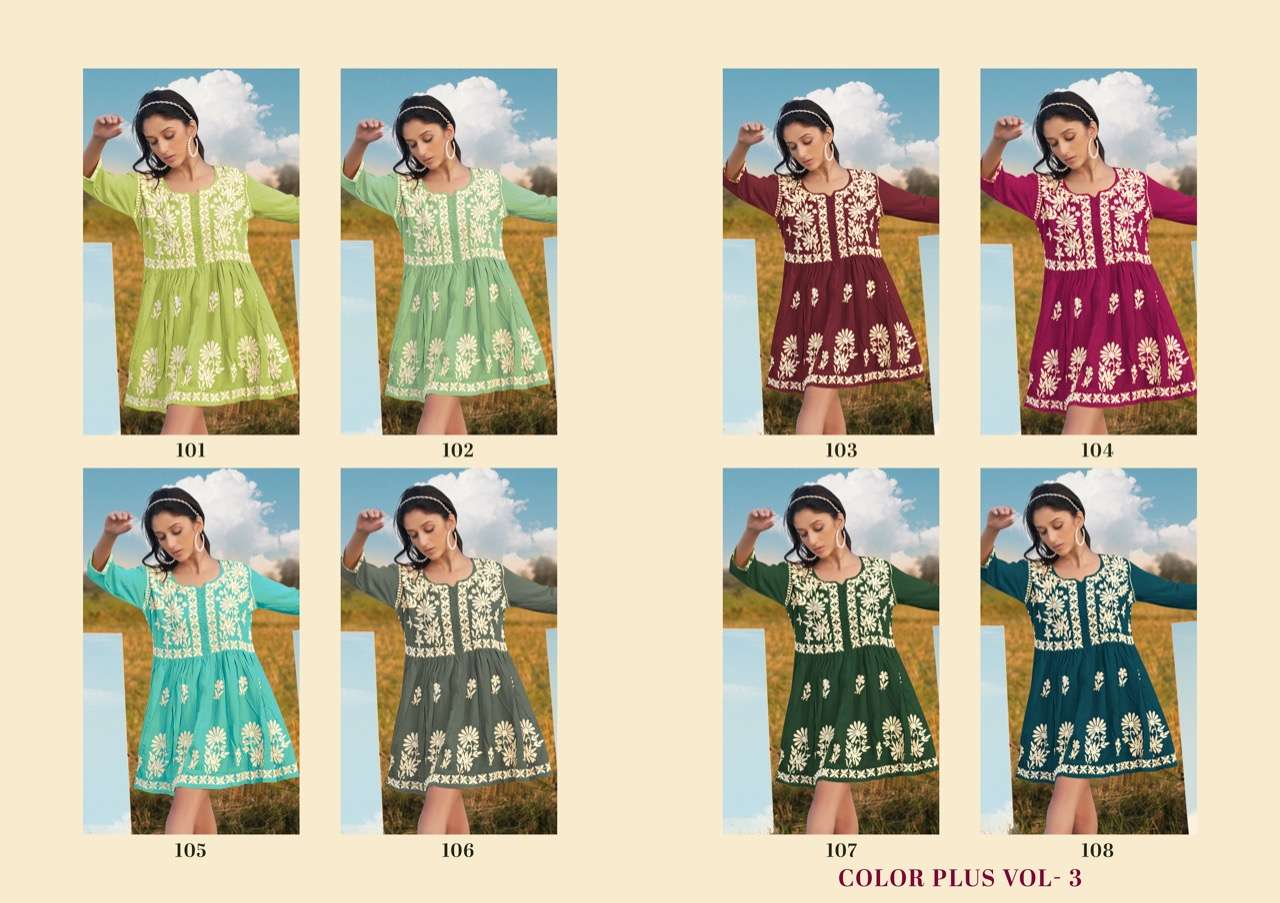 THE CONCH PRESENT COLOR PLUS VOL 3 RAYON WITH COTTON WORK EXCLUSIVE TUNIC TOPS IN WHOLESALE PRICE IN SURAT - SAI DRESSES