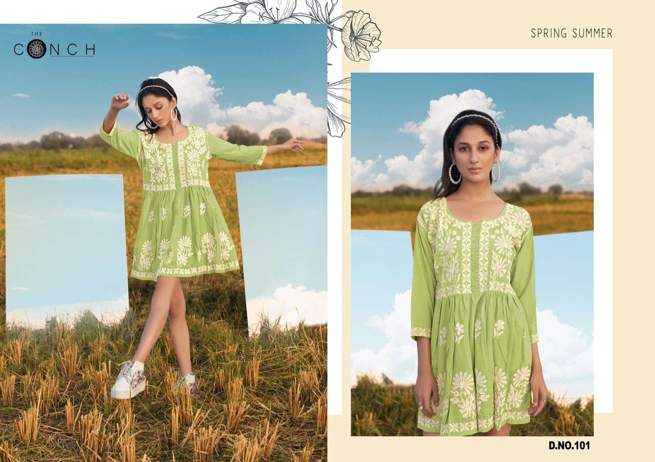 THE CONCH PRESENT COLOR PLUS VOL 3 RAYON WITH COTTON WORK EXCLUSIVE TUNIC TOPS IN WHOLESALE PRICE IN SURAT - SAI DRESSES