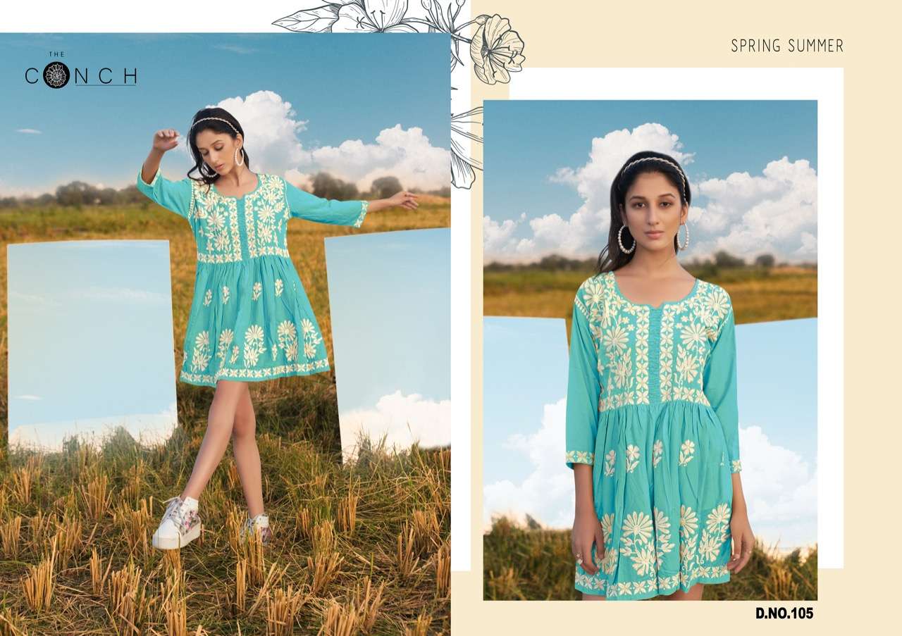 THE CONCH PRESENT COLOR PLUS VOL 3 RAYON WITH COTTON WORK EXCLUSIVE TUNIC TOPS IN WHOLESALE PRICE IN SURAT - SAI DRESSES