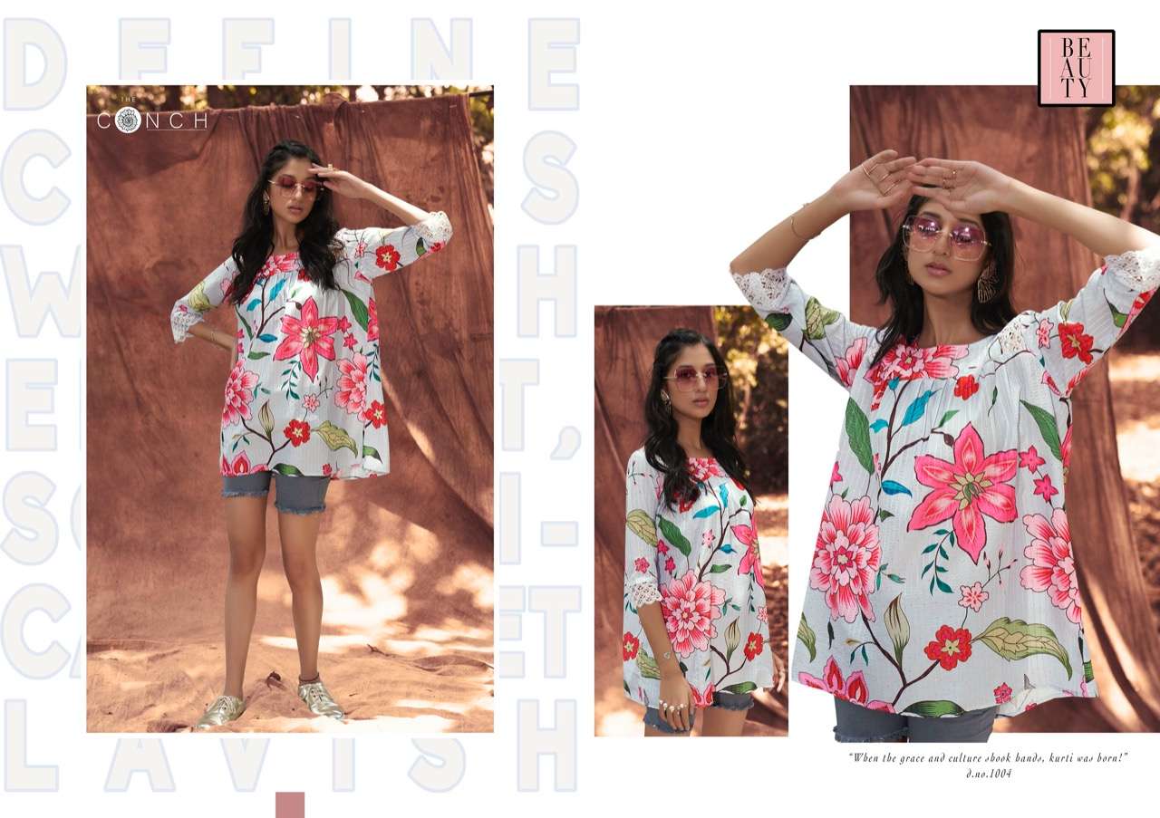 THE CONCH PRESENT CROCHET DAILY WEAR MUSLIN PRINTED DESIGNER SHORT TOP IN WHOLESALE PRICE IN SURAT - SAI DRESSES