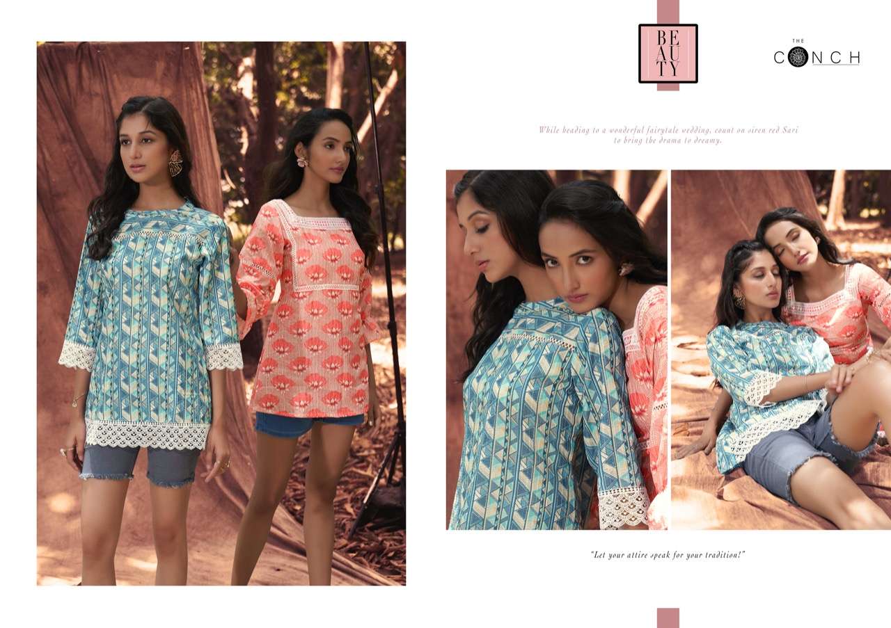 THE CONCH PRESENT CROCHET DAILY WEAR MUSLIN PRINTED DESIGNER SHORT TOP IN WHOLESALE PRICE IN SURAT - SAI DRESSES