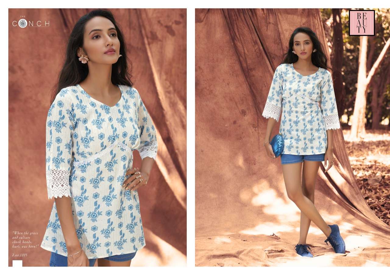 THE CONCH PRESENT CROCHET DAILY WEAR MUSLIN PRINTED DESIGNER SHORT TOP IN WHOLESALE PRICE IN SURAT - SAI DRESSES