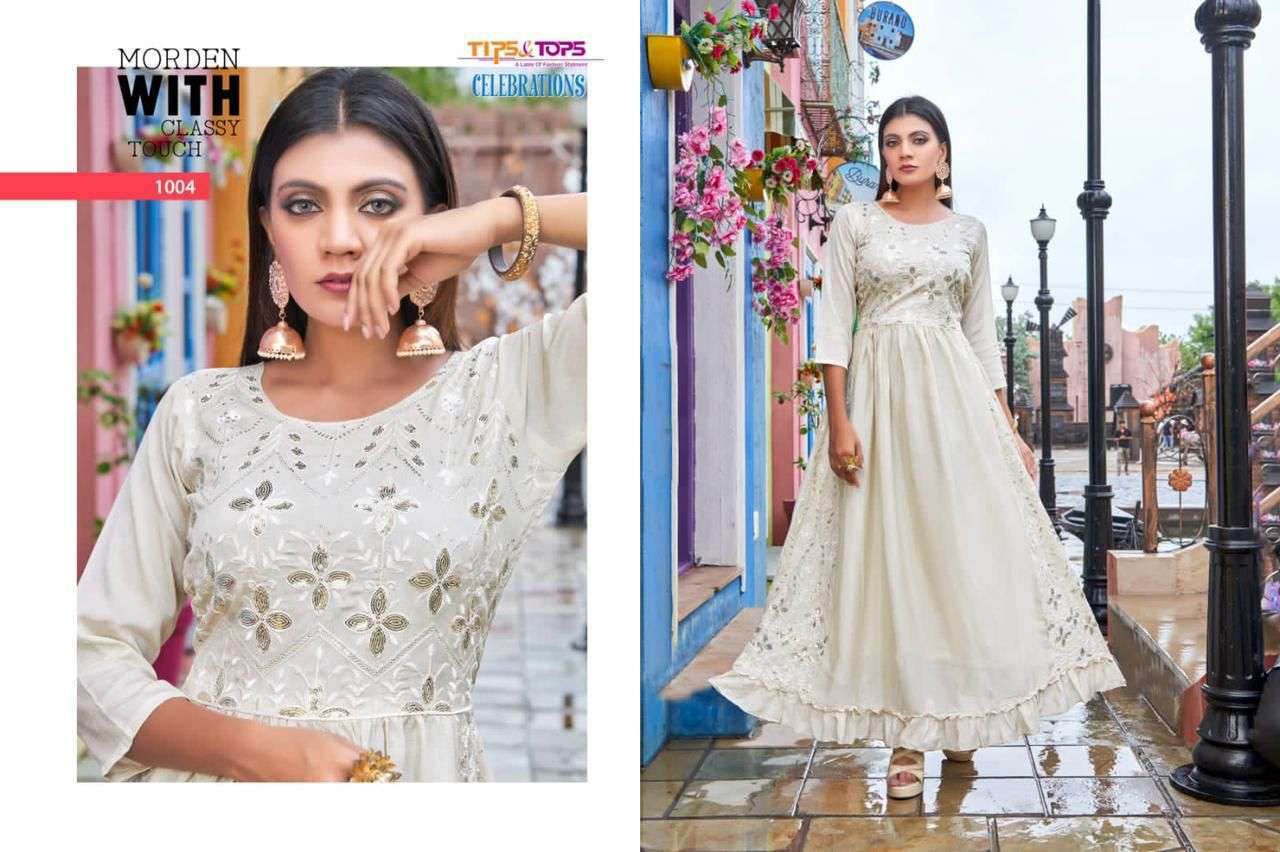 TIPS &TOPS PRESENT CELEBRATIONS VISCOS SEQUENCE FESTIVE WEAR HEAVY FANCY GOWN STYLE KURTI IN WHOLESALE RATE IN SURAT - SAI DRESSES