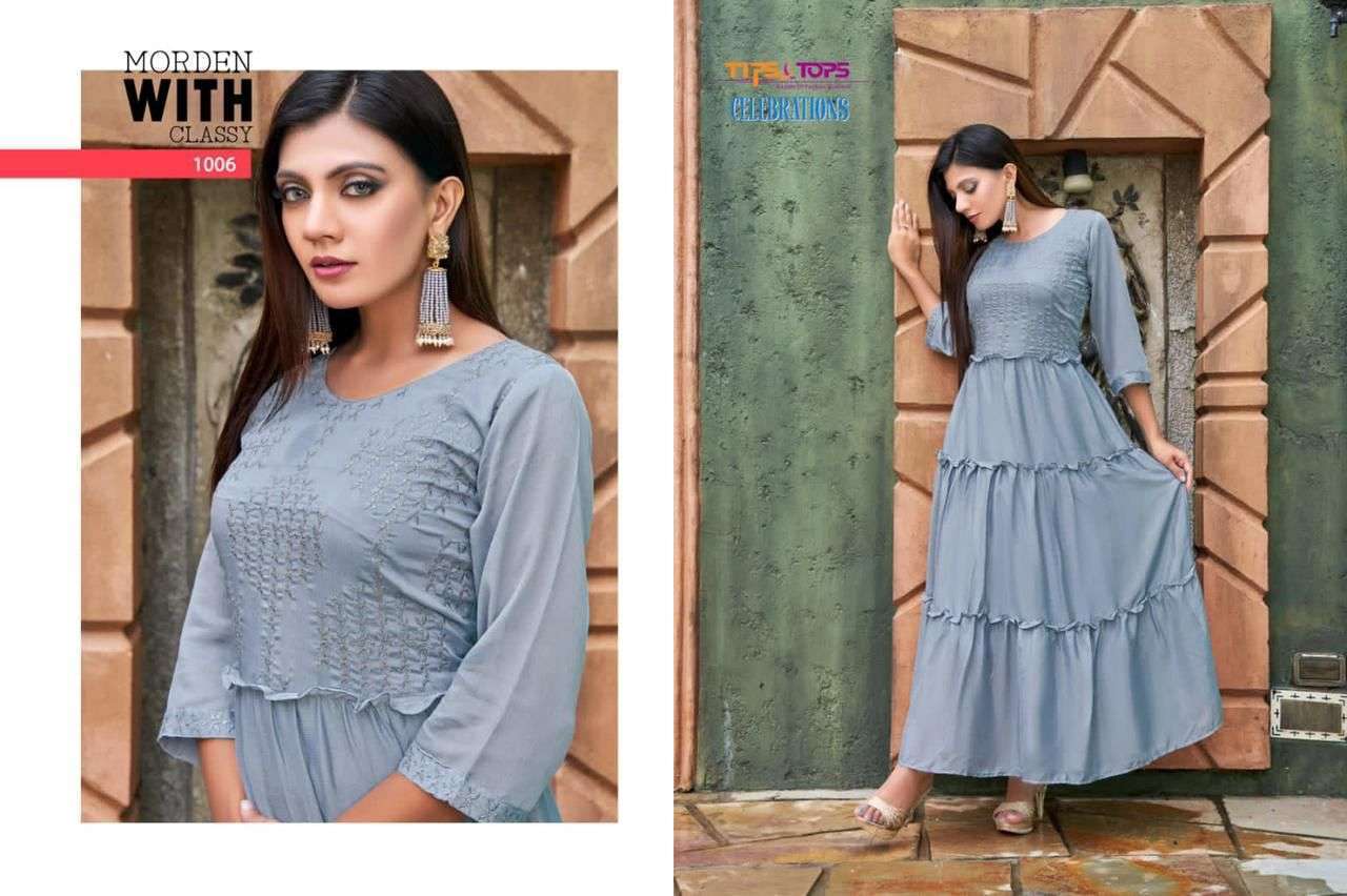 TIPS &TOPS PRESENT CELEBRATIONS VISCOS SEQUENCE FESTIVE WEAR HEAVY FANCY GOWN STYLE KURTI IN WHOLESALE RATE IN SURAT - SAI DRESSES